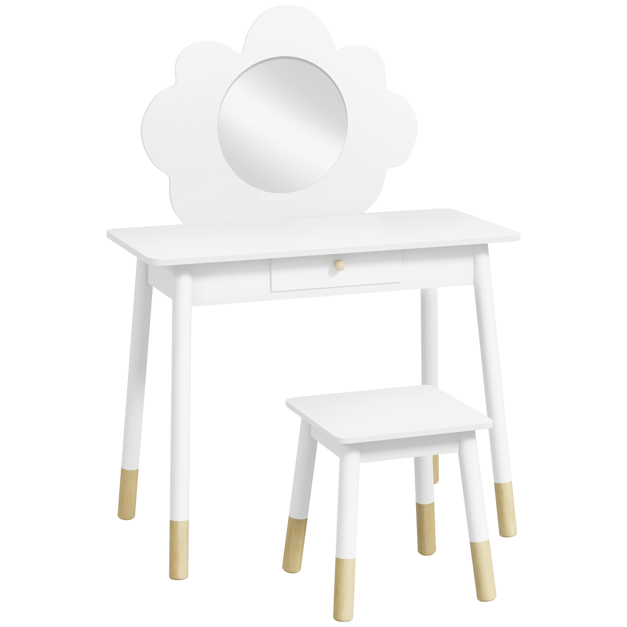 AIYAPLAY Set de Machiaj pentru Fetițe 3-6 Ani cu Scaun de Machiaj și Sertar pentru Depozitare, 70x34x95 cm, Alb | Aosom Romania