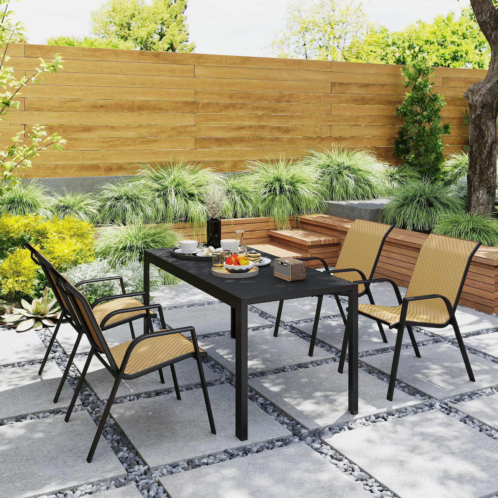 Outsunny Four-Piece Stacking Rattan Garden Seat Set Khaki 9