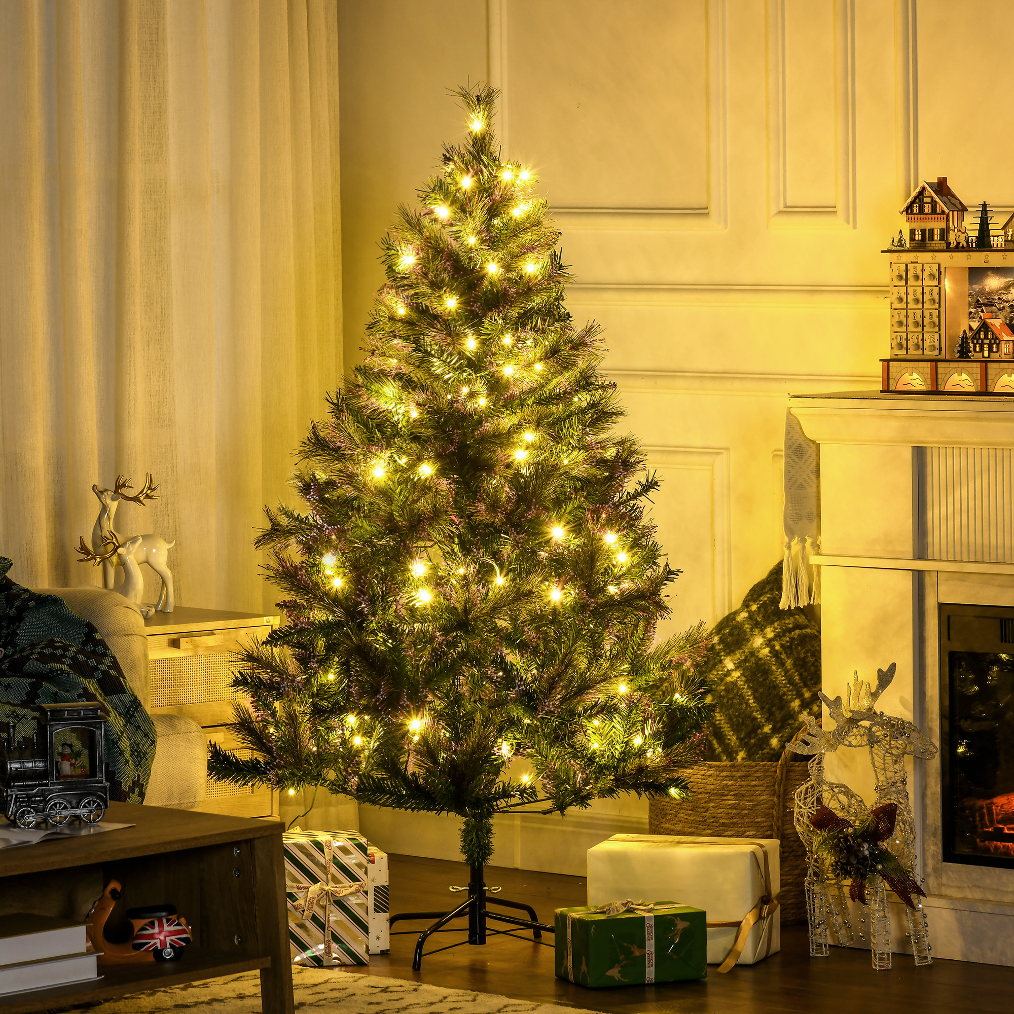 HOMCOM 1.5m 5ft Pre-Lit Christmas Tree Artificial Spruce Xmas Tree Warm White LED Holiday Décor with Metal Stand 2