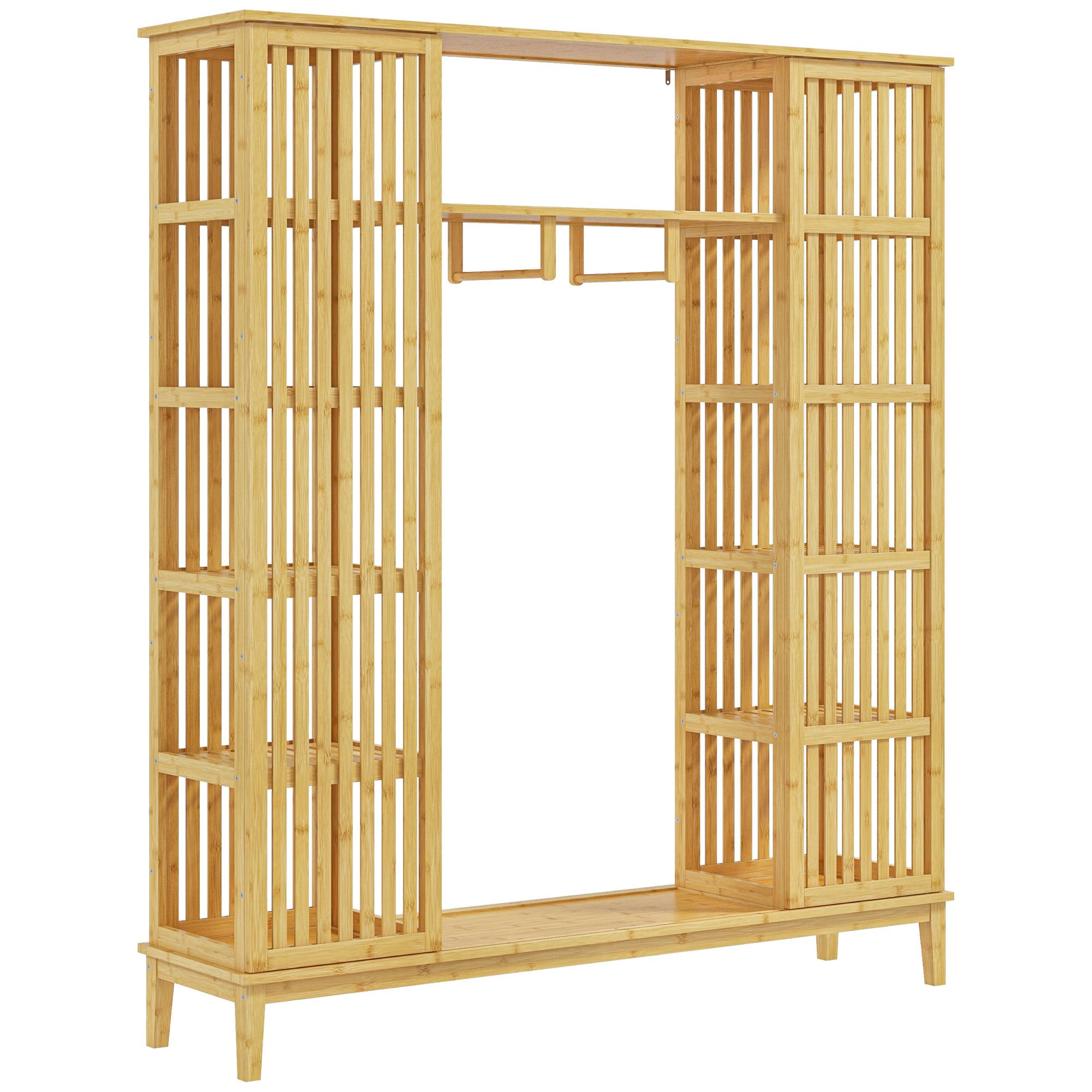 HOMCOM Dulap Deschis din Bambus cu 2 Uși Glisante, Garderobă cu Rafturi și Bară de Haine, 145x35x165 cm, Lemn Natural | Aosom Romania
