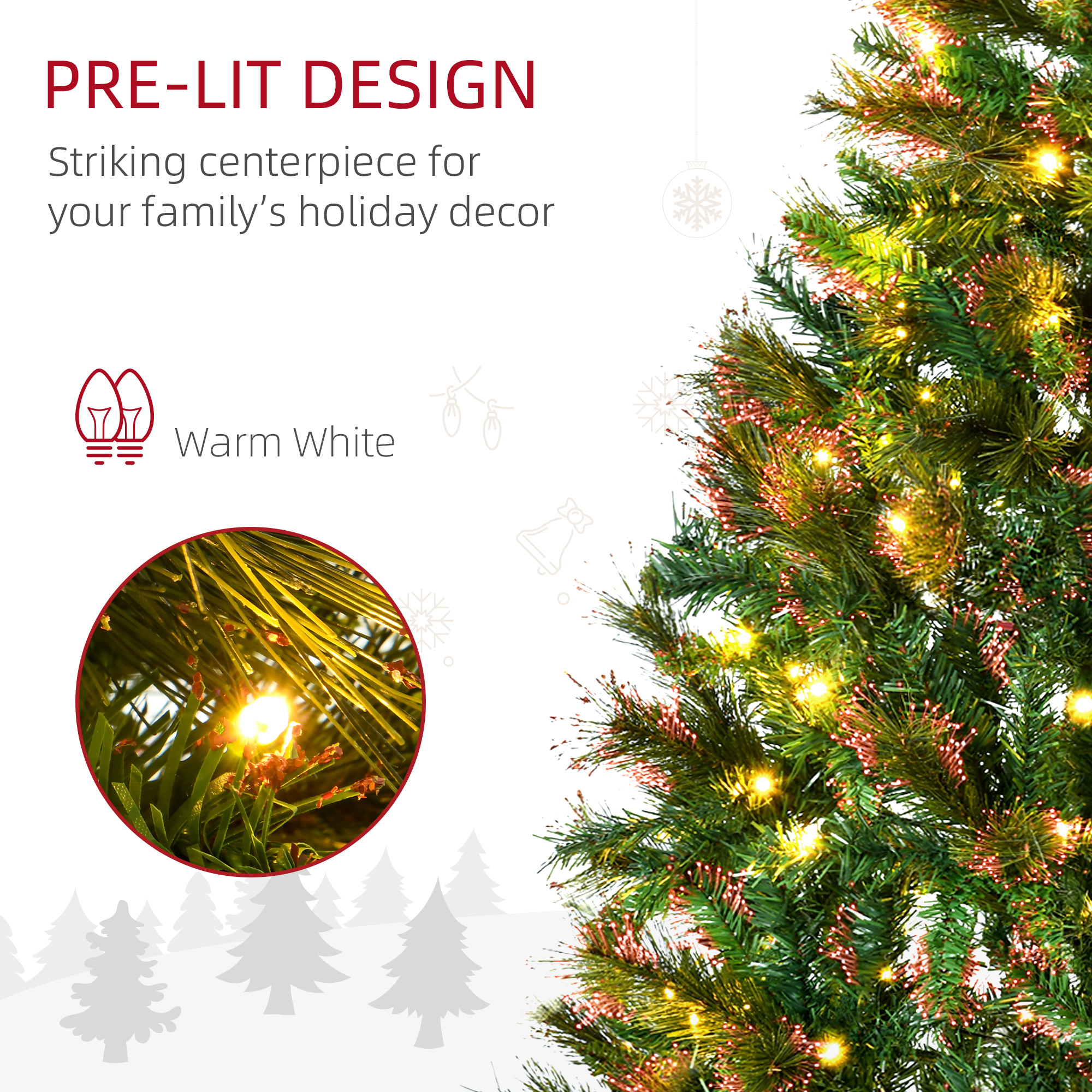 HOMCOM 1.5m 5ft Pre-Lit Christmas Tree Artificial Spruce Xmas Tree Warm White LED Holiday Décor with Metal Stand 5