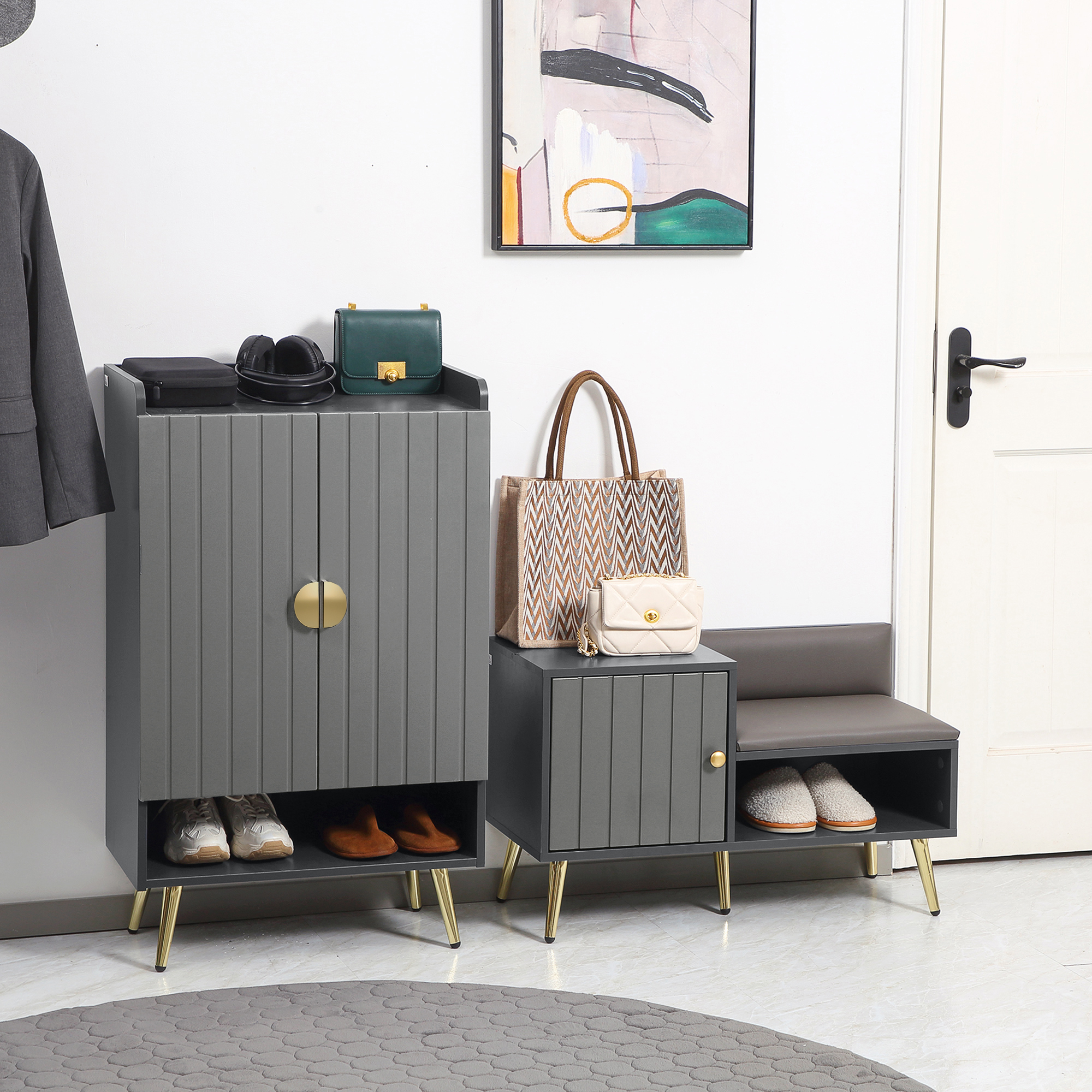 HOMCOM Modern Shoe Cabinet with 2 Doors, Open Shelf and Adjustable Shelves, 15 Pair Hallway Shoe Cupboard, Entryway Storage Unit, Grey 8