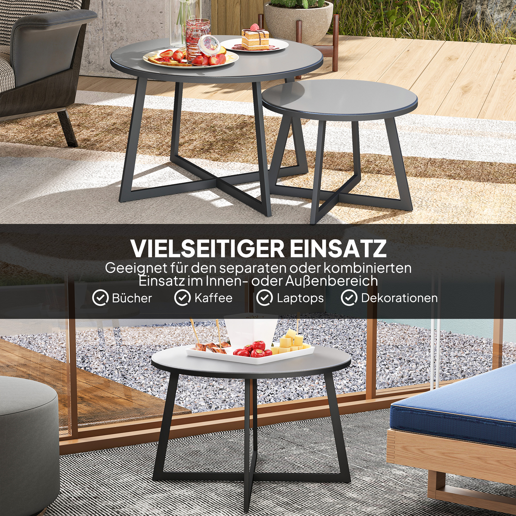 Outsunny Bijzettafel, tuintafel, rond, weerbestendig, aluminium balkontafel met marmerlook, campingtafel, koffietafel voor woonkamer, kantoor, outdoor, indoor, grijs