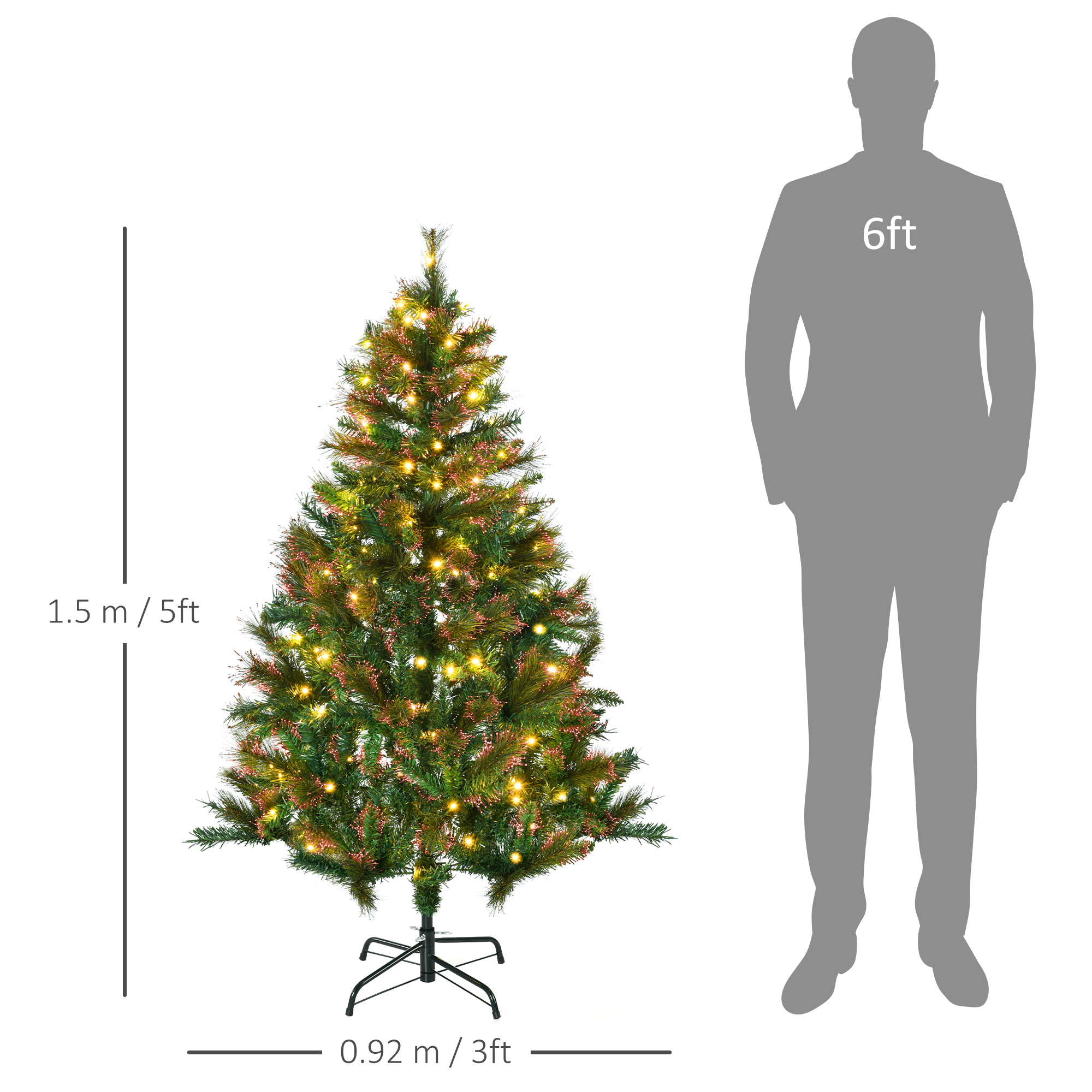 HOMCOM 1.5m 5ft Pre-Lit Christmas Tree Artificial Spruce Xmas Tree Warm White LED Holiday Décor with Metal Stand 3
