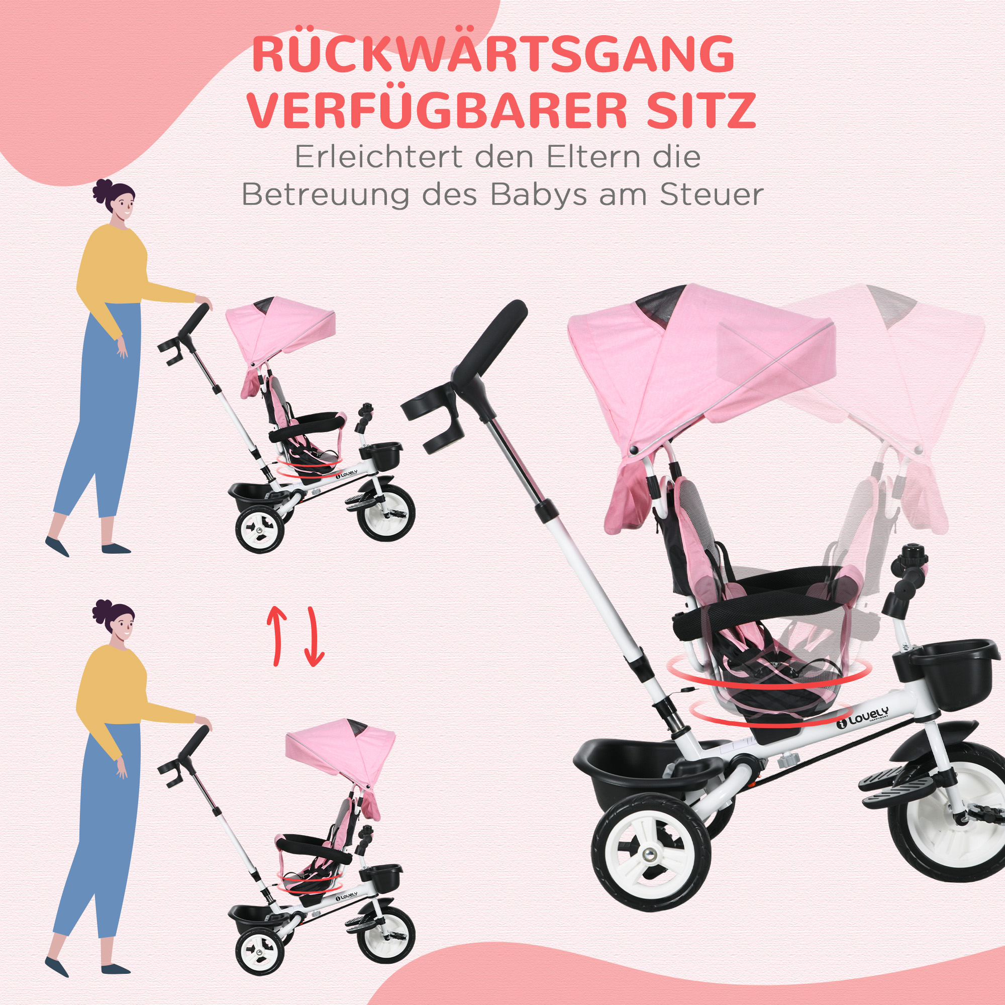 6-ühes laste kolmerattaline lükkesanga, varikatuse, rakmete ja hoiukorviga, 18+ kuud, roosa