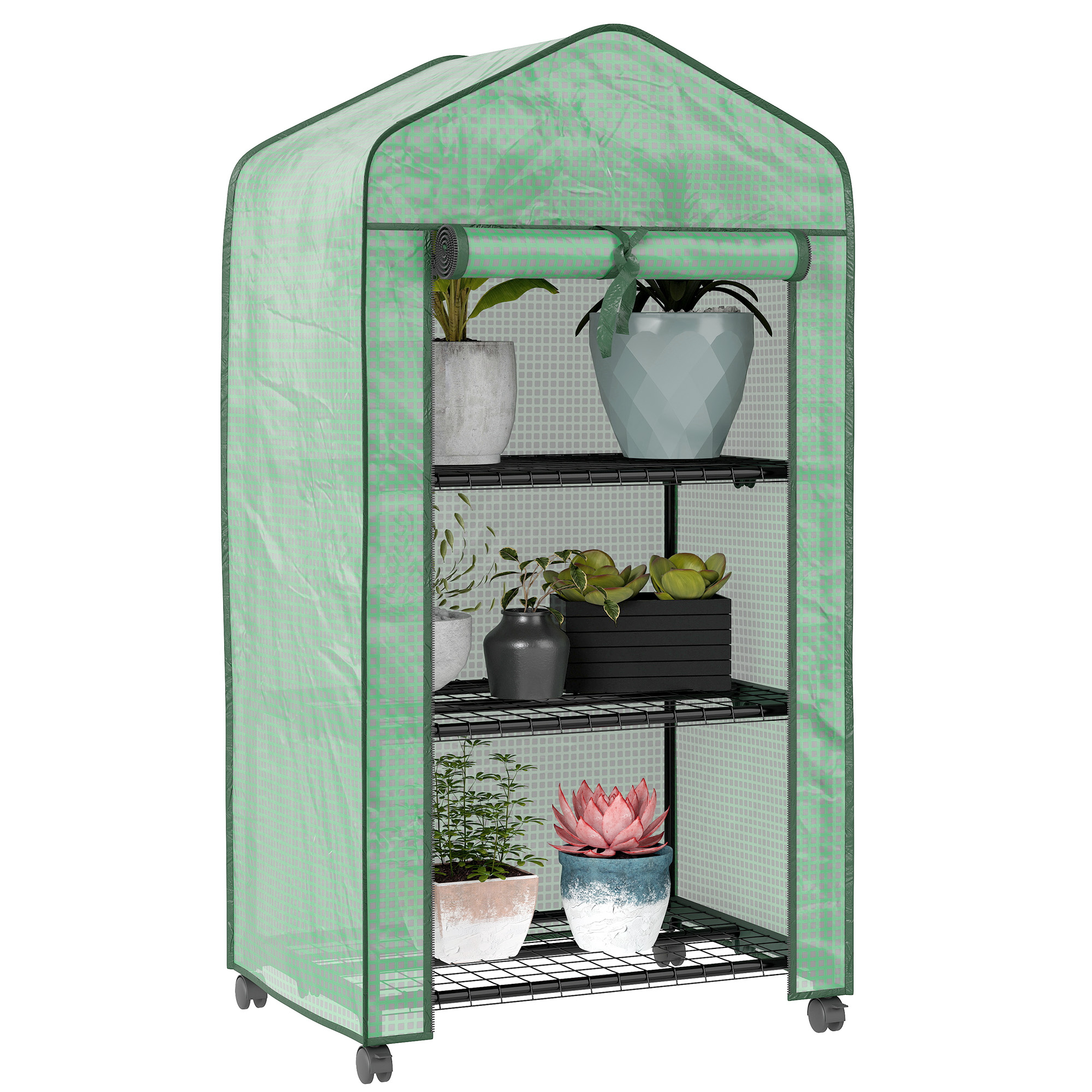 Outsunny Mini Serra Da Giardino Con Copertura In PE E 3 Ripiani E Porta Avvolgibile 59x39x127cm Bianco~1l0jkbhgo3800