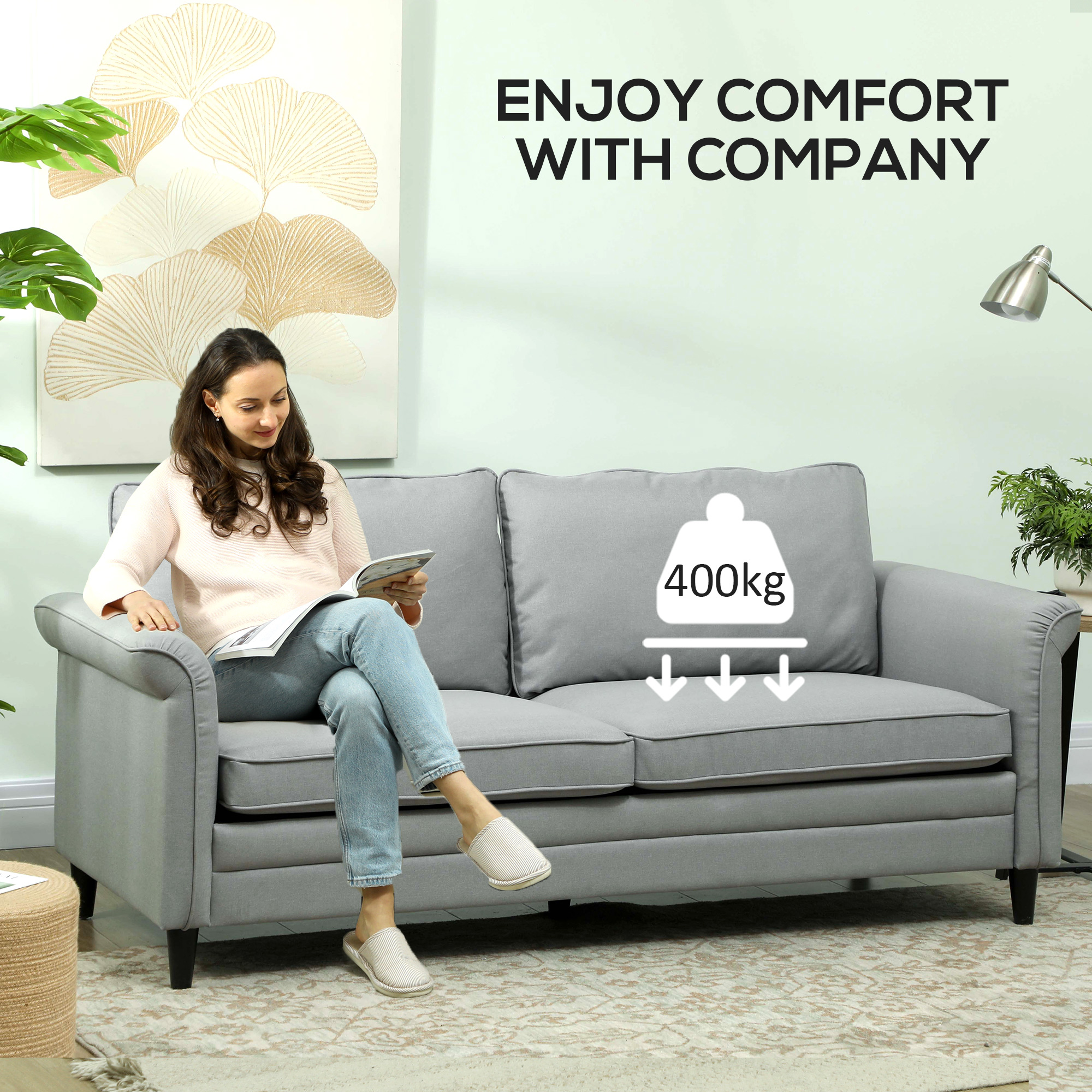 HOMCOM 3 Seater Sofa, Modern Fabric Sofa Couch with Spring Cushion, Rubber Wood Legs, 191cm Upholstered Settee for Living Room, Bedroom, Home Office, Guest Room, Grey 7