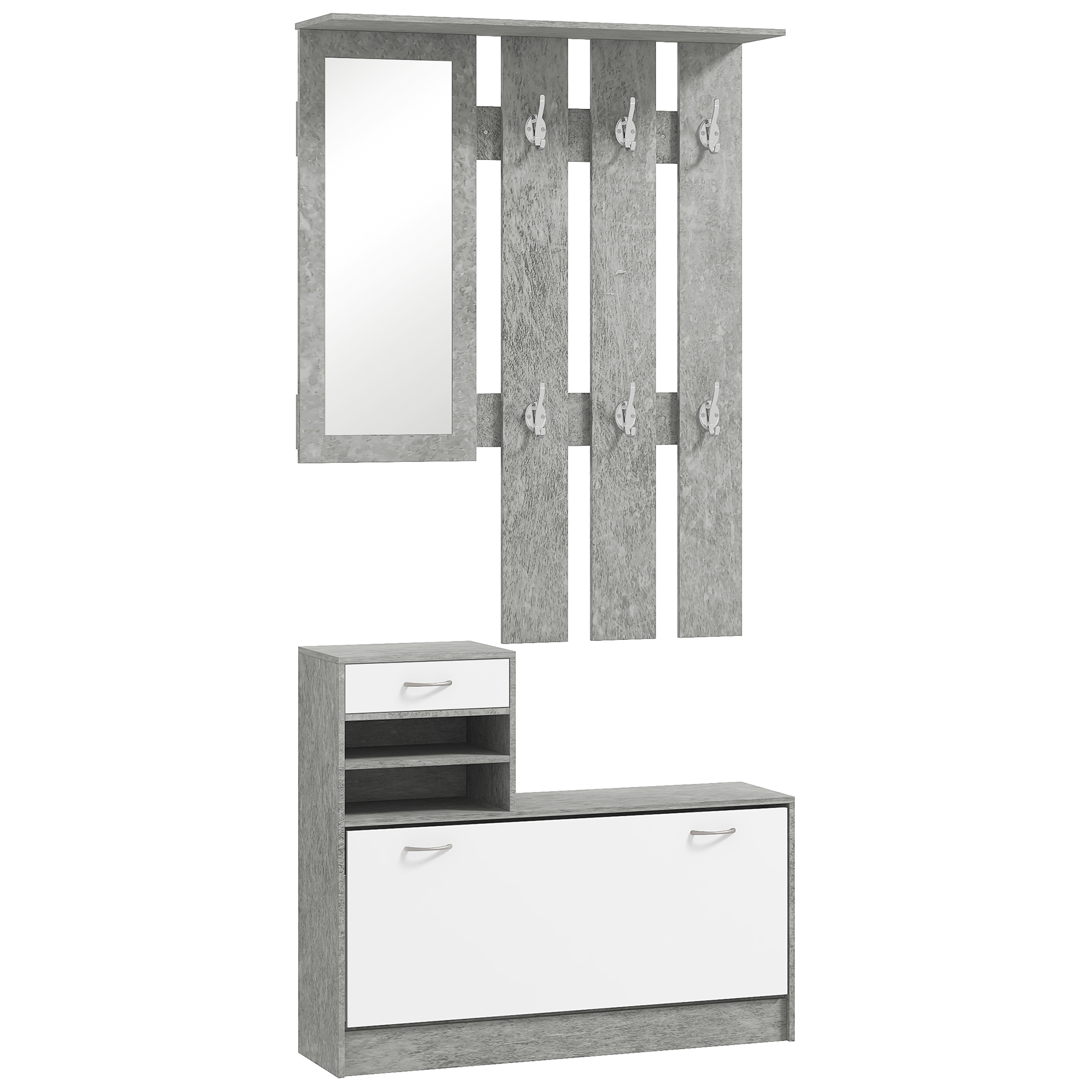 HOMCOM Mobilier Hol, 3 piese, cu Raft pentru Haine, Oglindă, 6 Cârlige, 2 Rafturi și Sertare, 90x24x177 cm, Gri | Aosom Romania