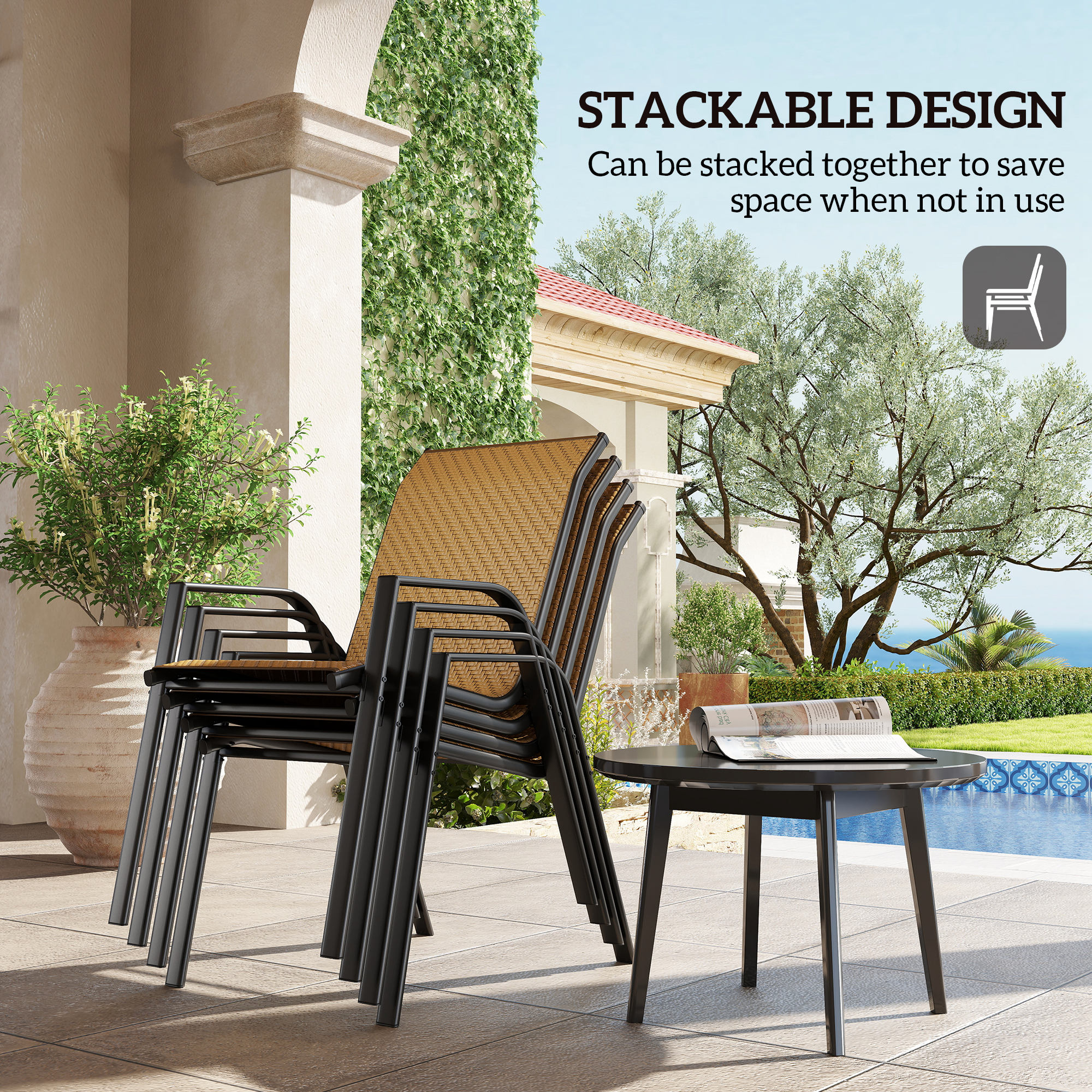 Outsunny Four-Piece Stacking Rattan Garden Seat Set Khaki 5