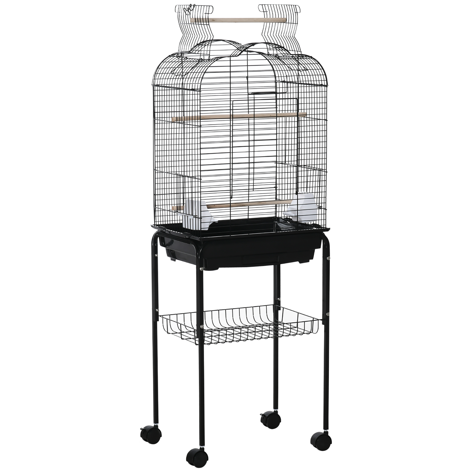 PawHut Colivie pentru Pasari cu 3 Stinghii, 2 Boluri si 2 Usi Laterale, Colivie pentru Animale din Otel, PP si Lemn, 46x36x130 cm, Neagra