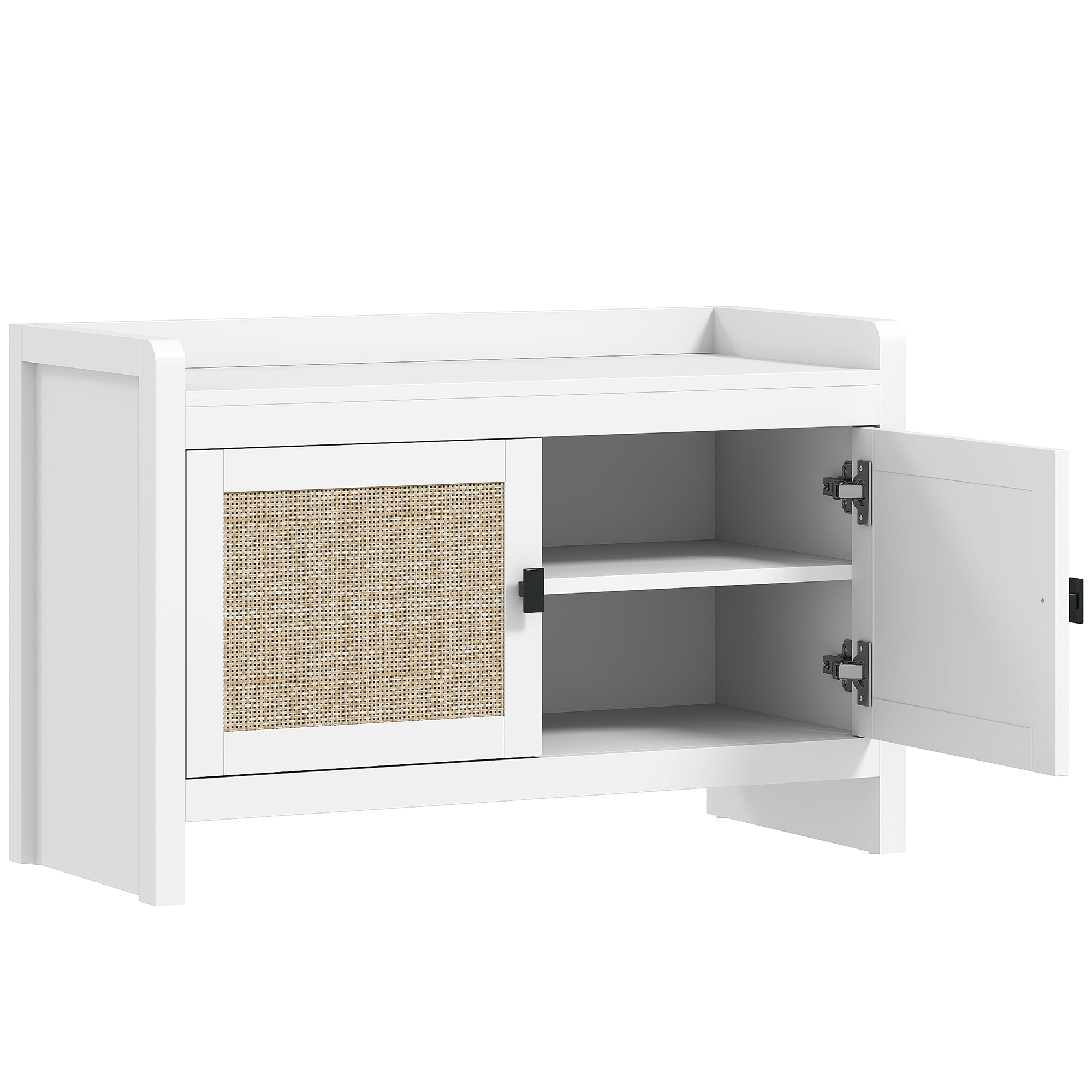 HOMCOM Banco Zapatero con Puertas Frentes de Ratán Balda Extraíble para Entrada o Dormitorio 80x35x52 cm Blanco y Beige