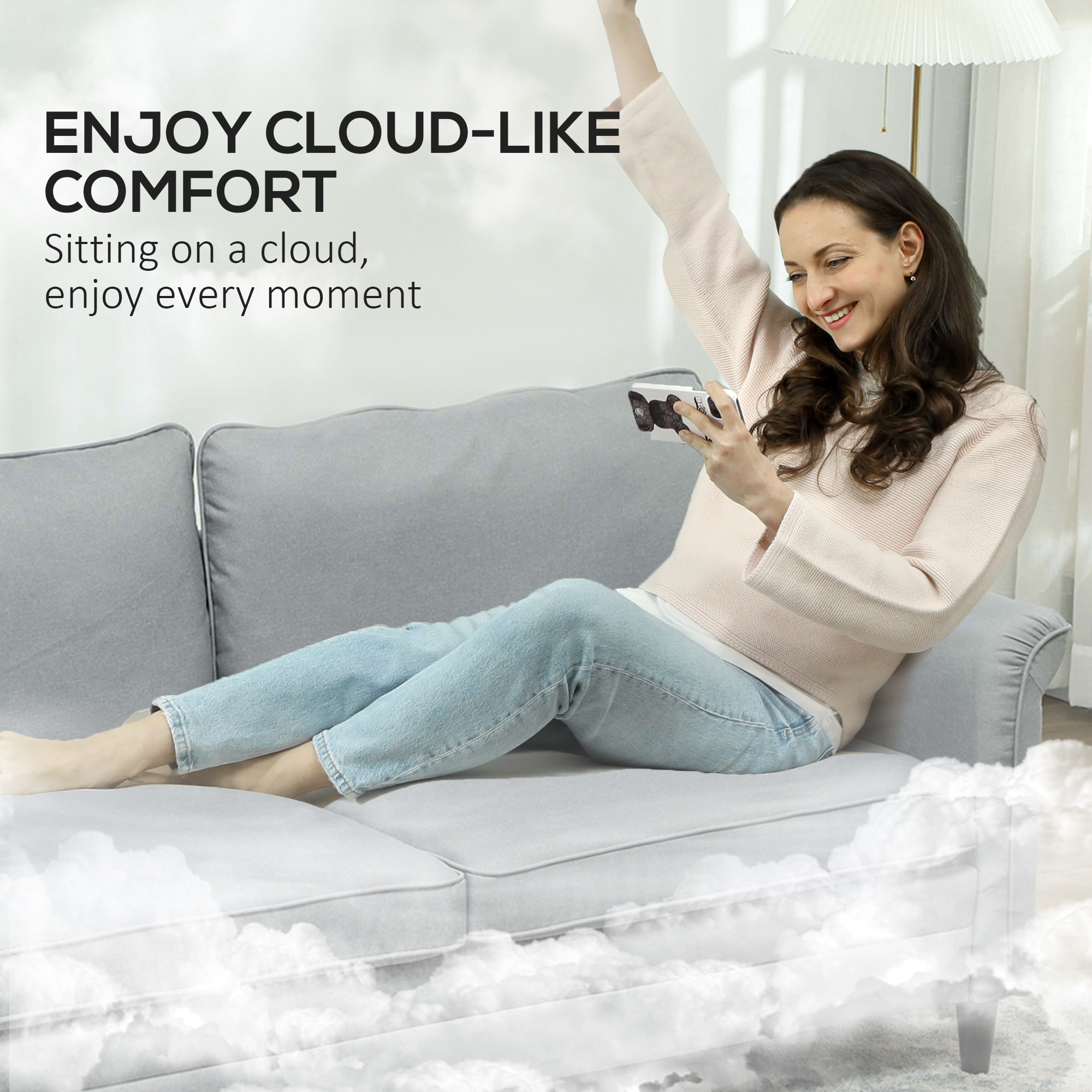 HOMCOM 3 Seater Sofa, Modern Fabric Sofa Couch with Spring Cushion, Rubber Wood Legs, 191cm Upholstered Settee for Living Room, Bedroom, Home Office, Guest Room, Grey 4