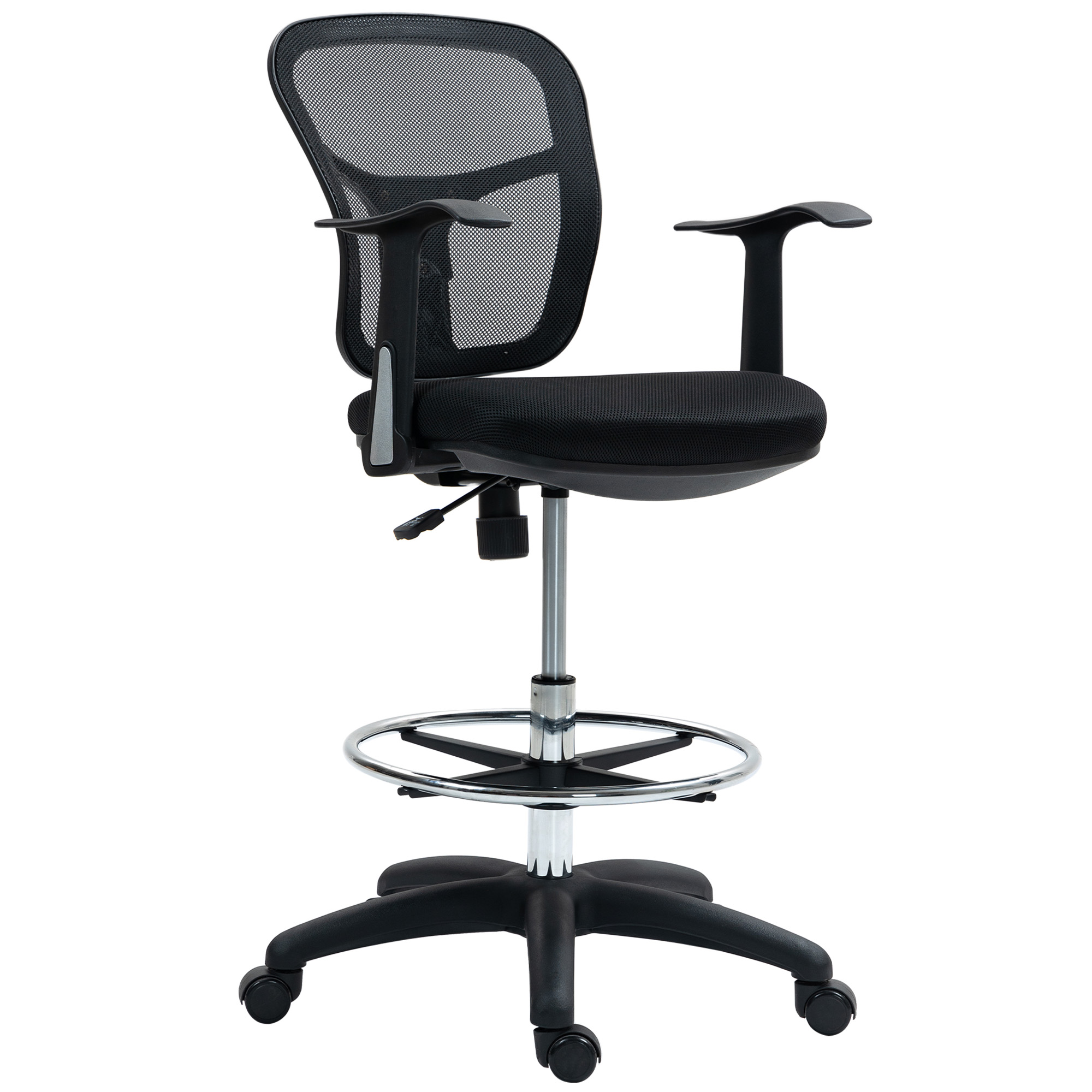 HOMCOM Scaun de Birou Rotativ cu Inel pentru Sprijinirea Picioarelor si Spatar Curbat, 55x58x94 cm, Negru | Aosom Romania
