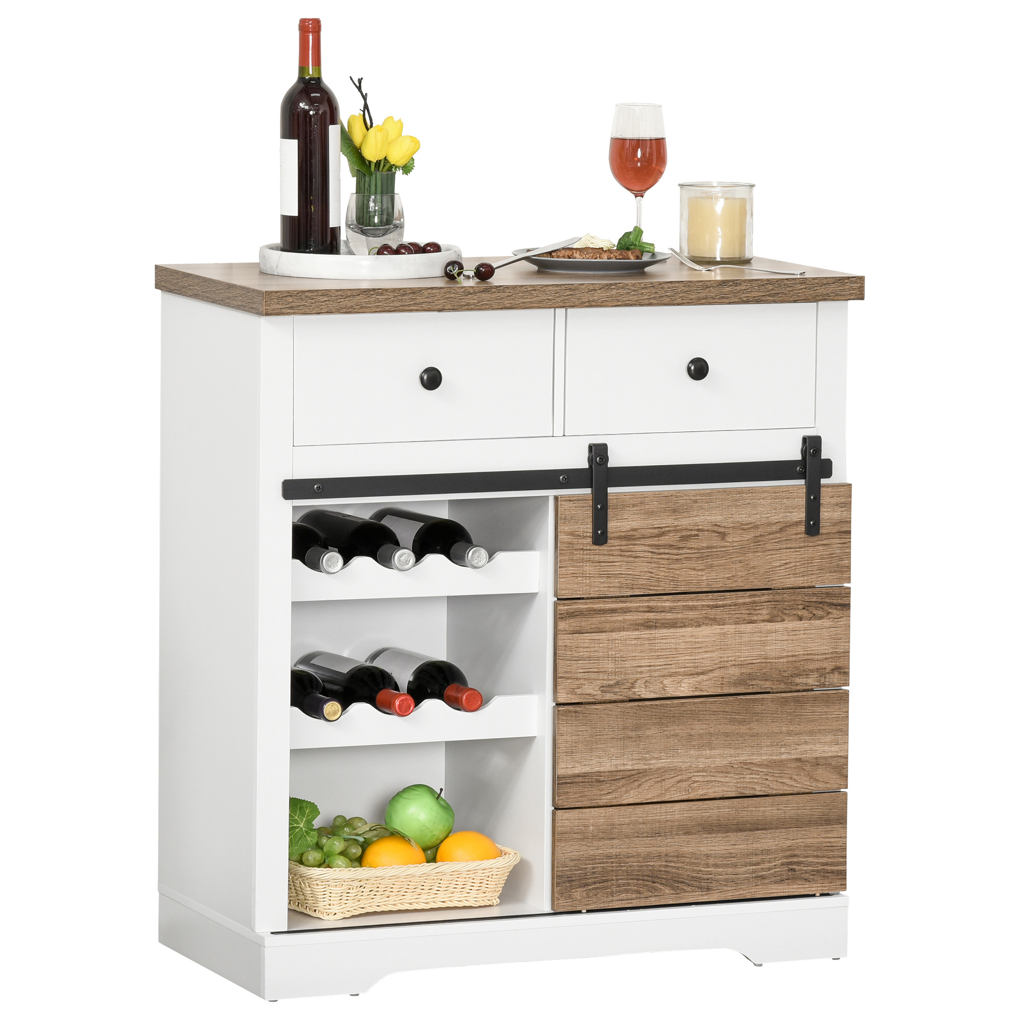 HOMCOM Mueble de Cocina con Puerta Corredera de Granero Botellero Cajones y Estantes para Comedor Salón 80x39x86 cm Blanco