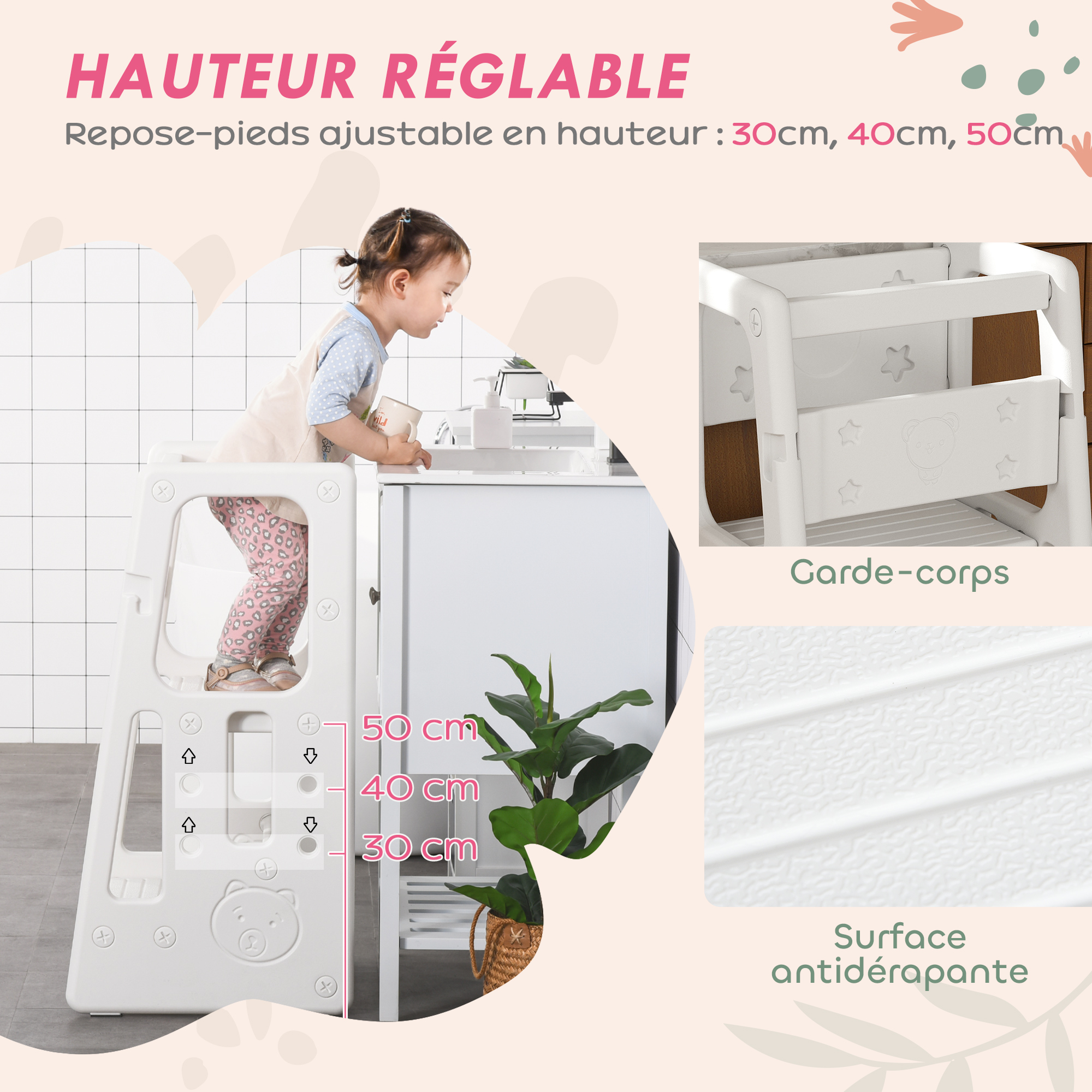 Tour D'Observation Pour Bébé XANNI – 3 Hauteurs Réglables Dès 12 Mois, Bois Sécurisé Jusqu'à 50 Kg, Design Élégant Blanc Et Chêne