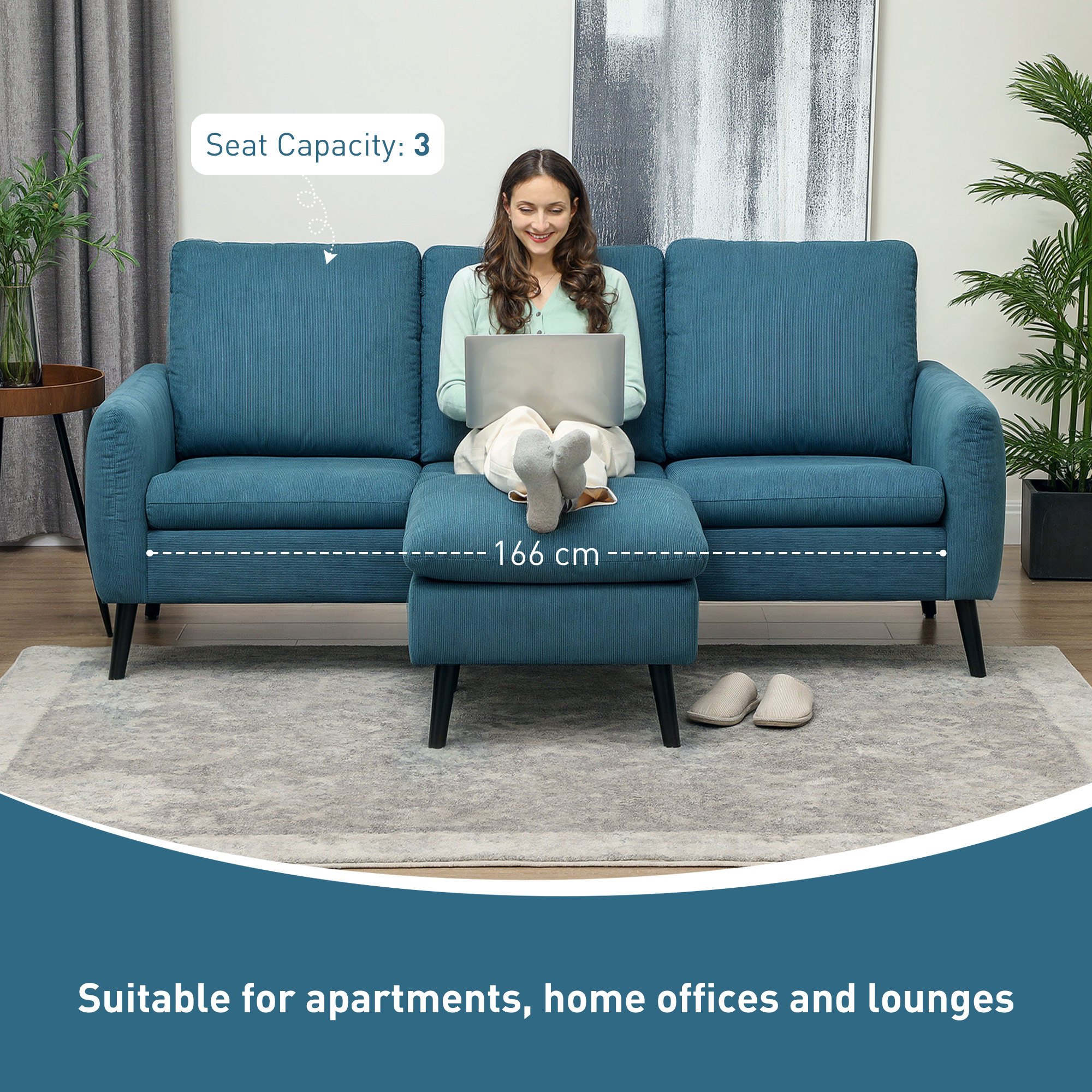HOMCOM 3 Seater Sofa with Ottoman, 196cm Corduroy L-shaped Sofa Couch with Scatter Back, Reversible Chaise Lounge for Living Room, Home Office, Small Spaces, Blue 5