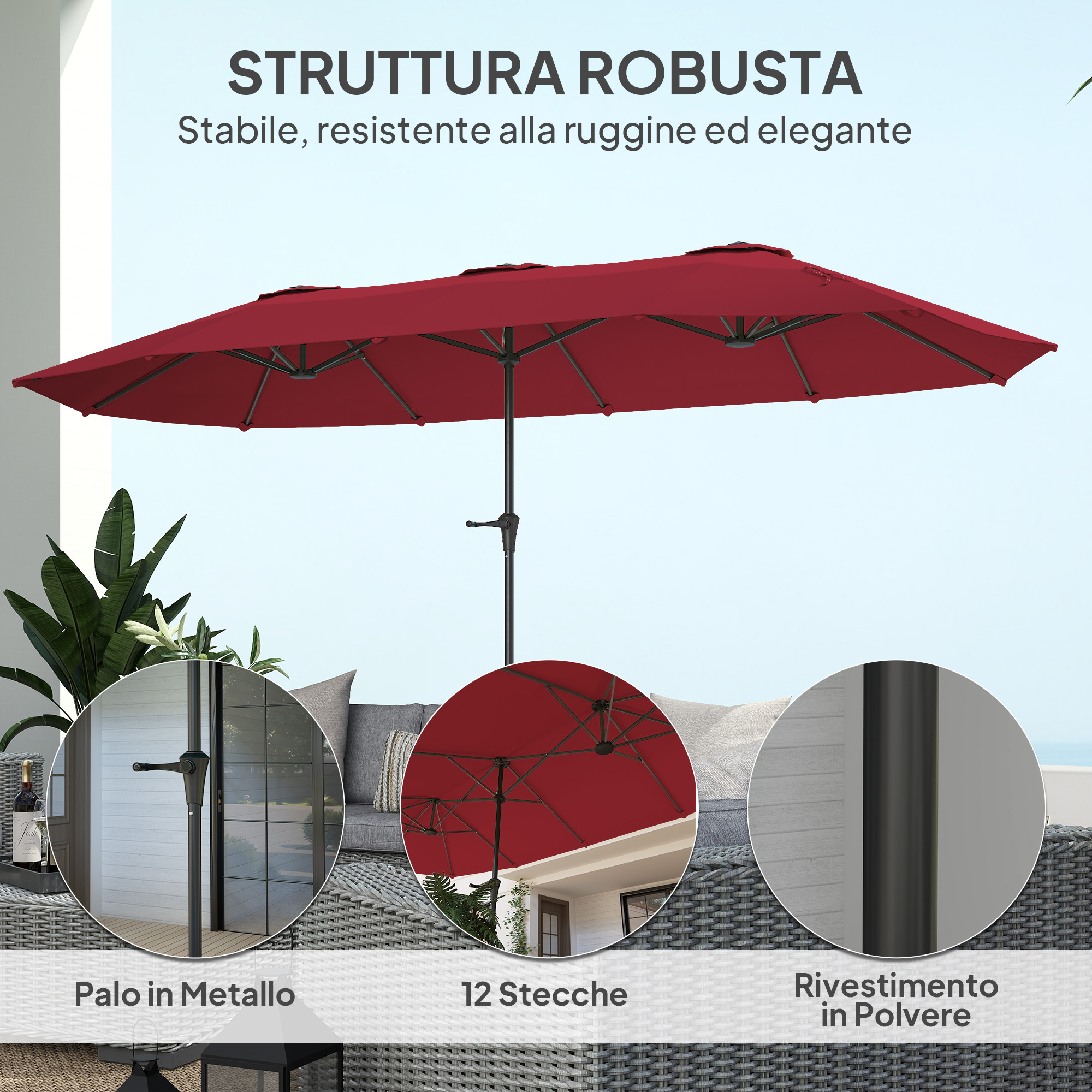Outsunny Ombrellone Grande Doppio Con Luci LED Solari 440x260 Cm - Manovella, Struttura Acciaio Grigio Scuro Per Giardino E Terrazza