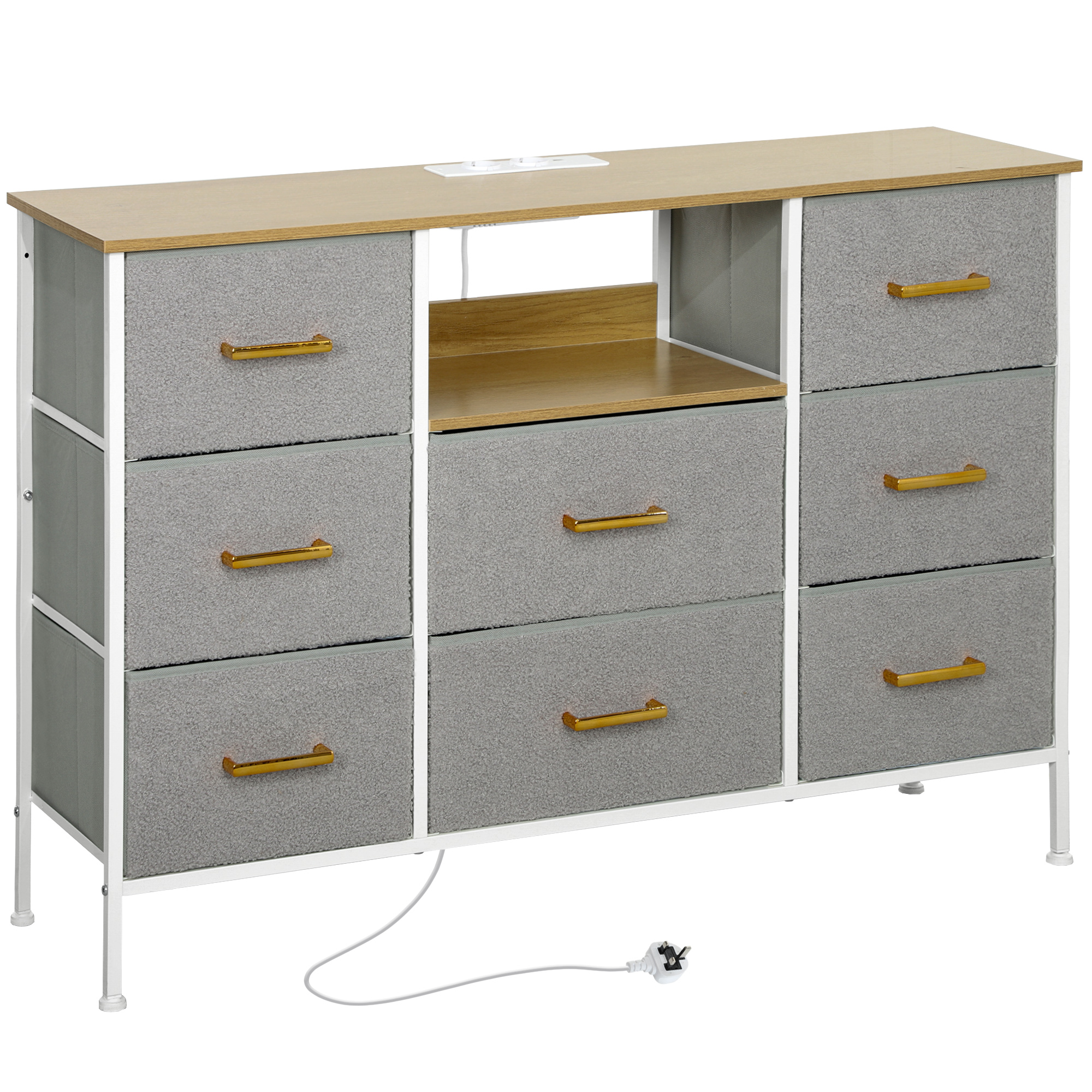 HOMCOM Cómoda con 8 Cajones de Tela Acabado en Borreguito Sintético Estación de Carga y Carga USB-C para Dormitorio Gris