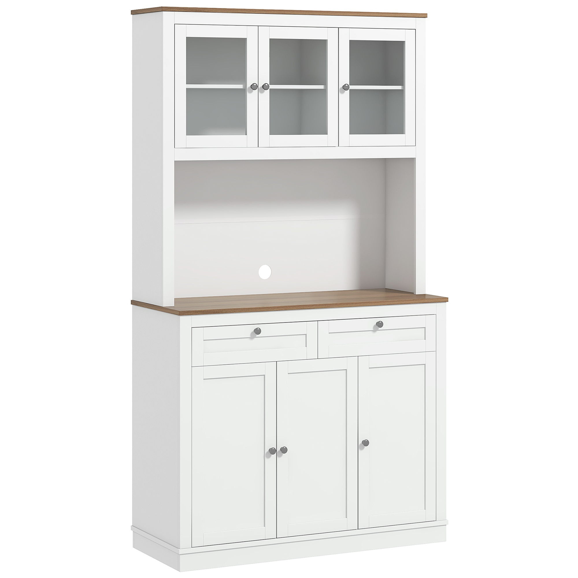 HOMCOM Armario de Cocina con 3 Puertas de Vidrio 2 Cajones y Estantes Ajustables Mueble para Microondas 100x40x180 cm Blanco | Aosom España