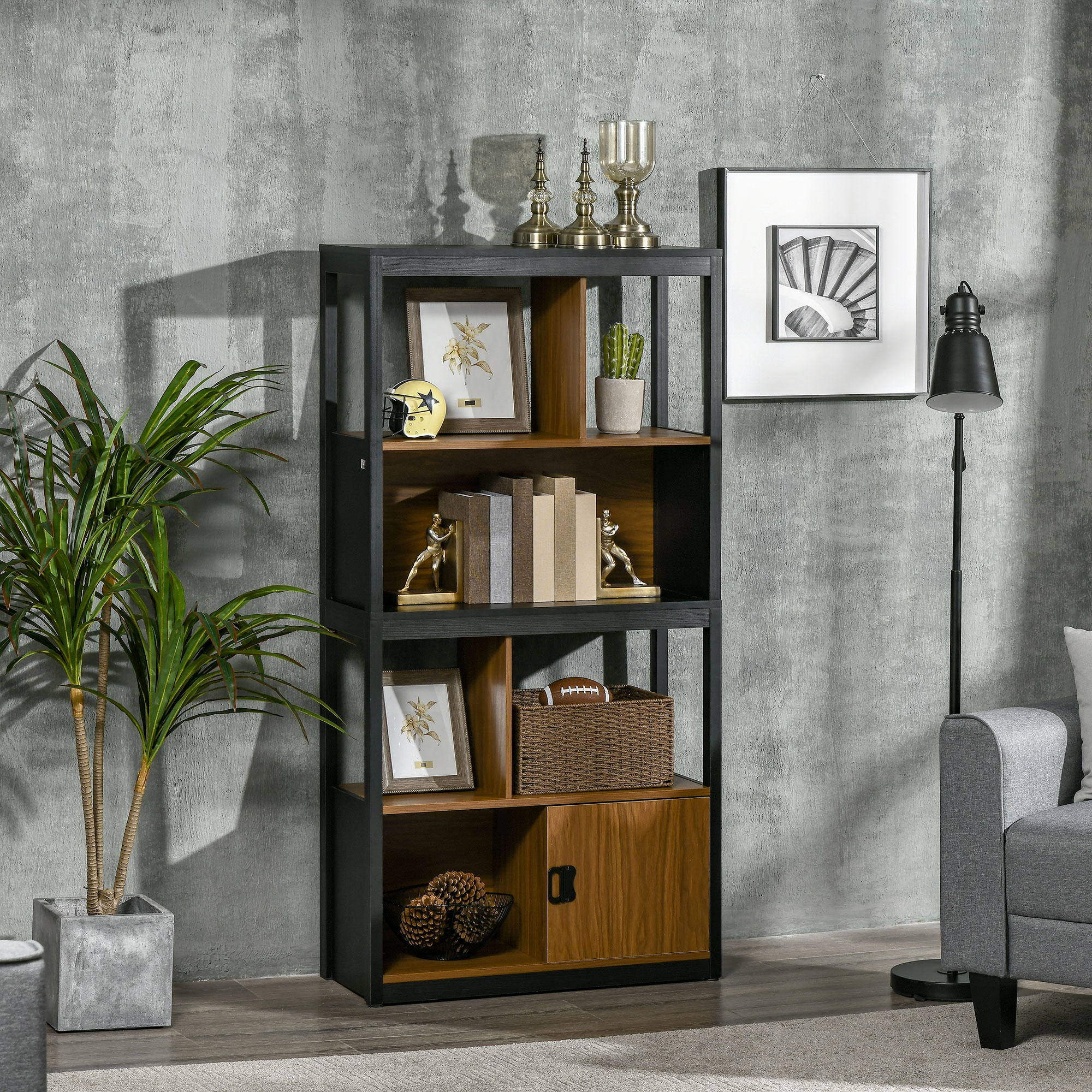 HOMCOM Modern 4-Tier Bookshelf, Freestanding Bookcase with Storage Shelving and Closed Cabinet, for Living Room Home Office Study, Walnut Brown 9