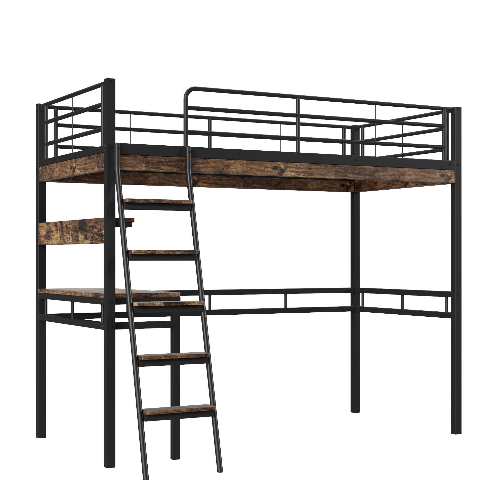 Letto a soppalco con scrivania e mensole, 90 x 200 cm, letto in metallo per bambini, ragazzi e adulti, salvaspazio, stabile, multifunzionale, nero, certificato EN747