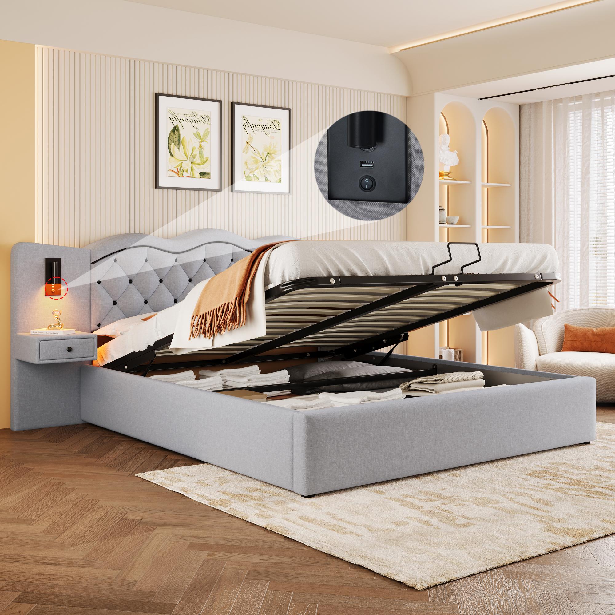Letto Matrimoniale 160x200 Con Testiera In Lino Beige, Luci LED USB E Contenitore Idraulico – Struttura In Legno E Metallo (Senza Materasso)