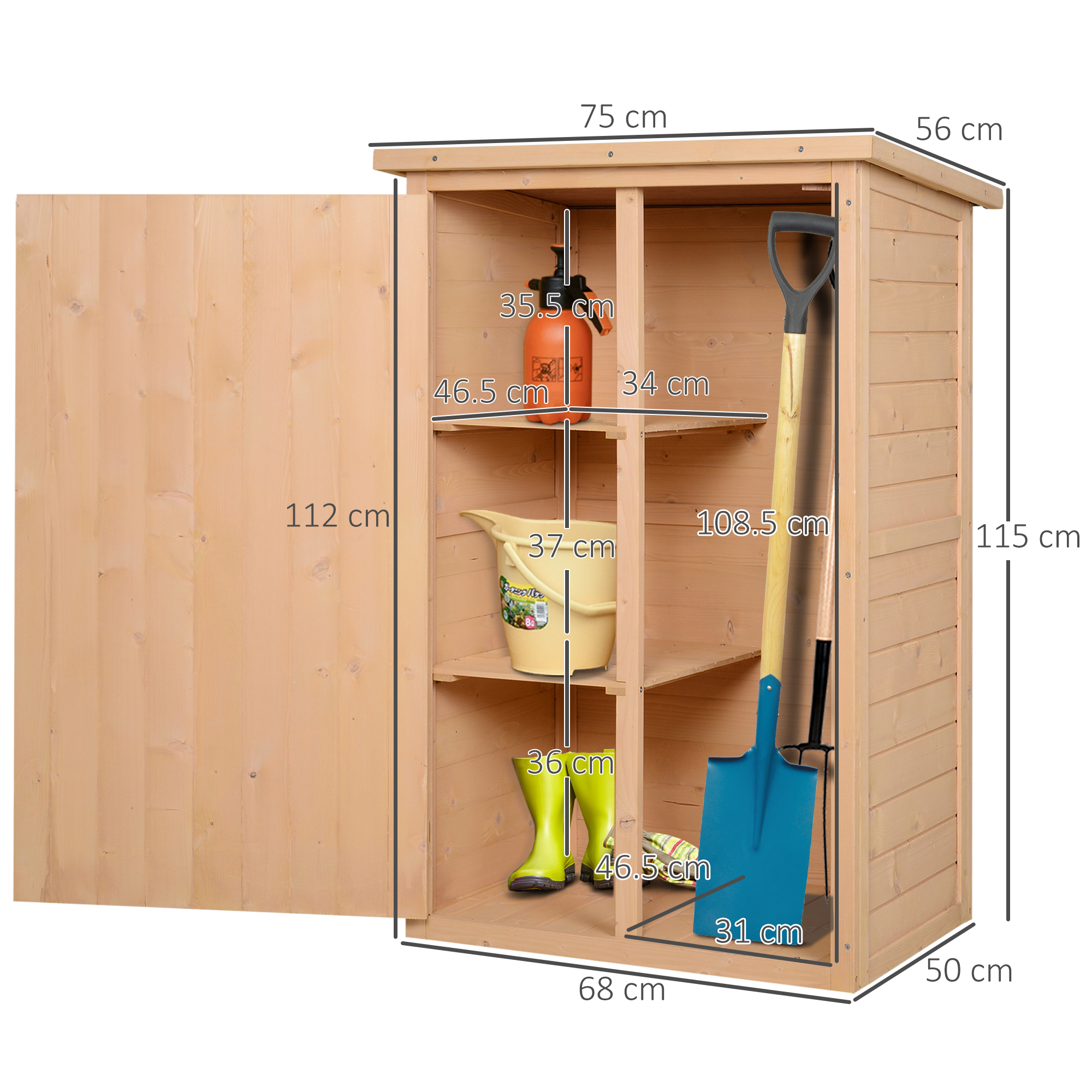 Outsunny Wooden Small Shed, Garden Storage Shed with Shelves and Bolt Latch, 75L x 56W x115H cm, Natural 3
