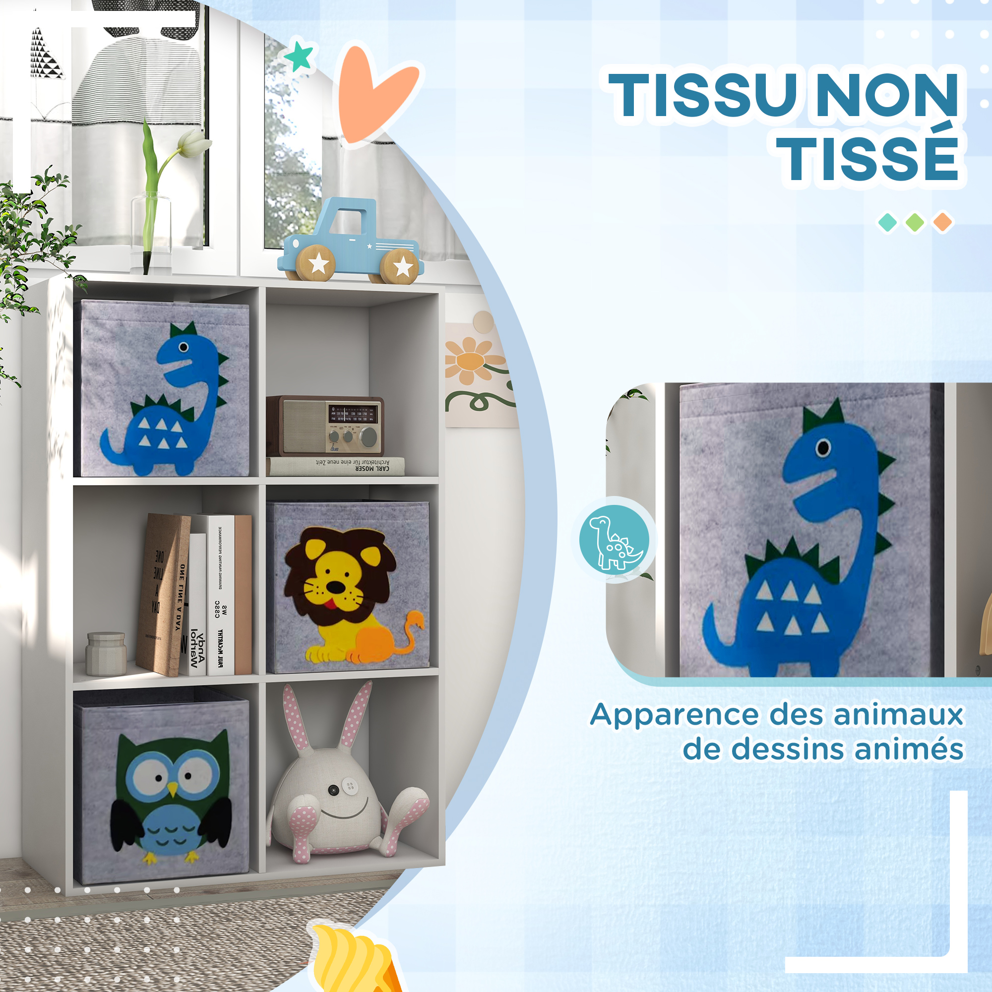 Meuble Rangement Enfant 6 Cases Avec Paniers Animaux - 62x30x91.5cm