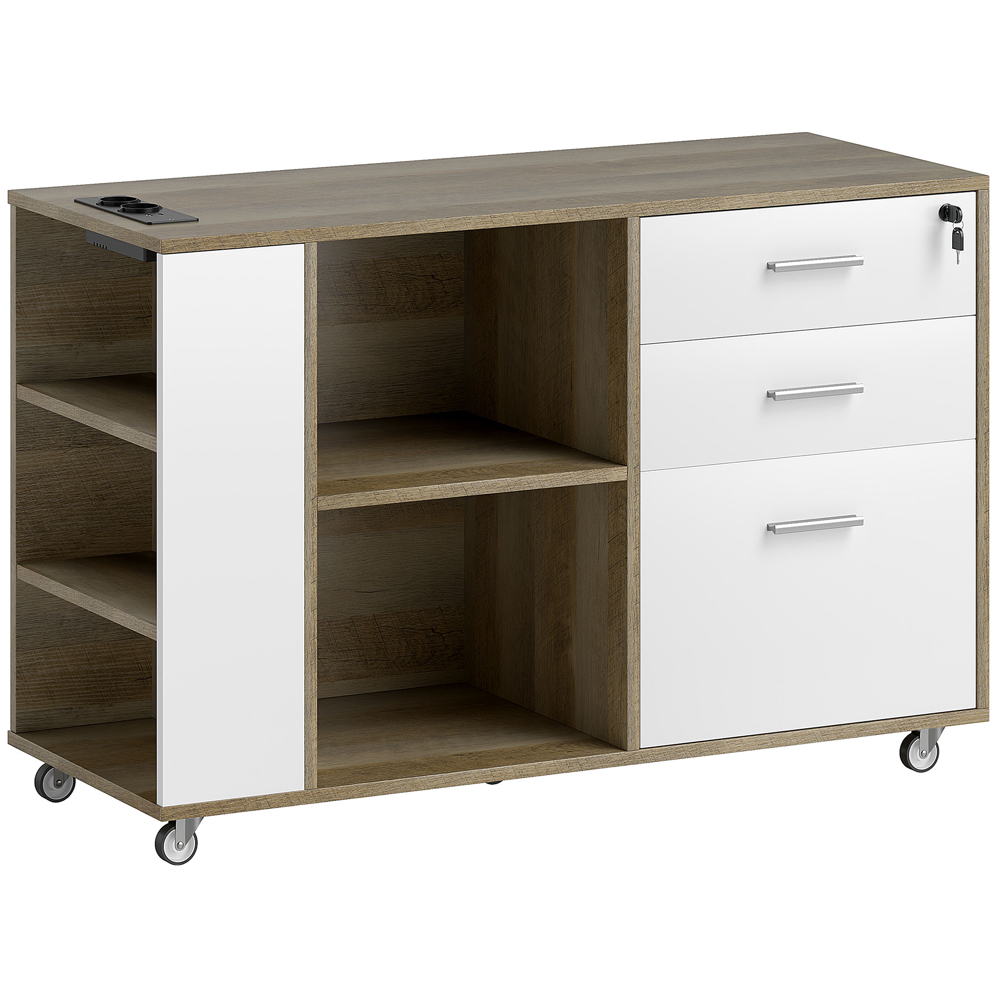 HOMCOM Cajonera Escritorio Mueble Archivador con Ruedas 3 Cajones Estación de Carga Cerradura y Estantes 100x40x65,5 cm Marrón Grisáceo | Aosom España
