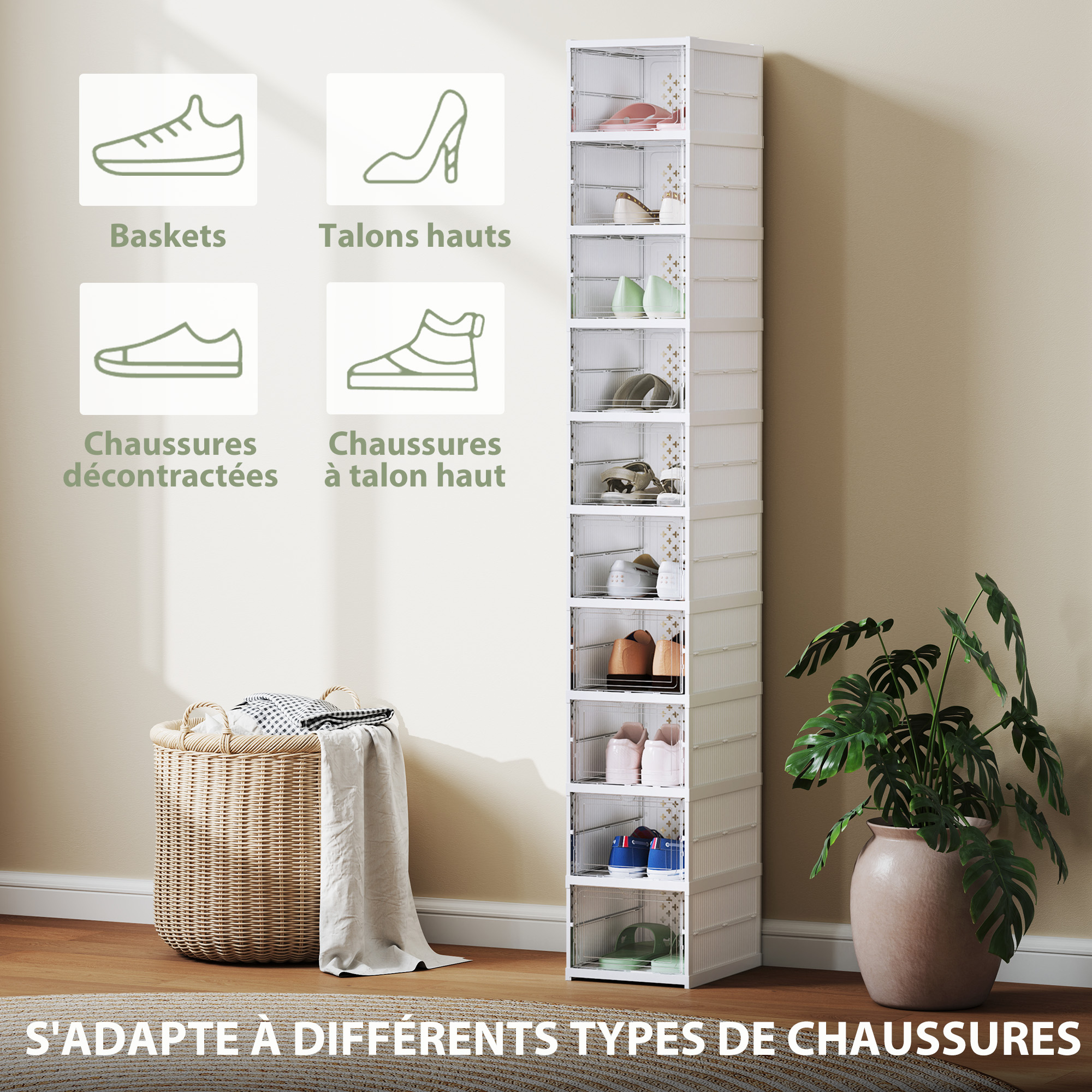 Lot De 10 Boîtes à Chaussures Pliables Dim. 26x35x174 Cm Blanc Transparent 95555278