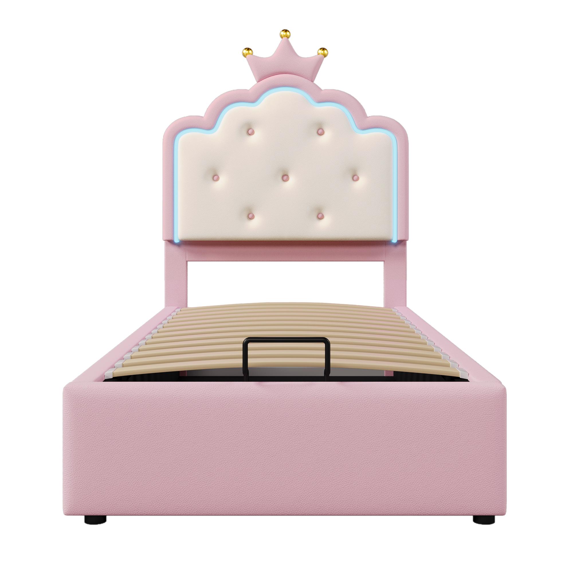 Lit rembourré 90x200 cm avec sommier à lattes, forme de princesse héritière, espace de rangement hydraulique,sans matelas, Rose