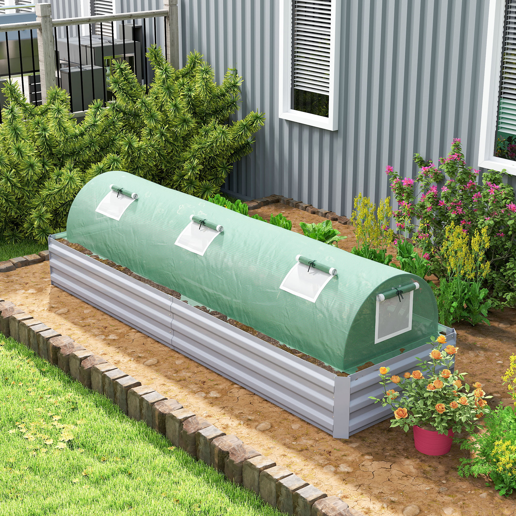 Outsunny Mini Greenhouse, Portable Tunnel Green House, Green Grow House Steel Frame with 5 Mesh Windows, 3 M, Green 8