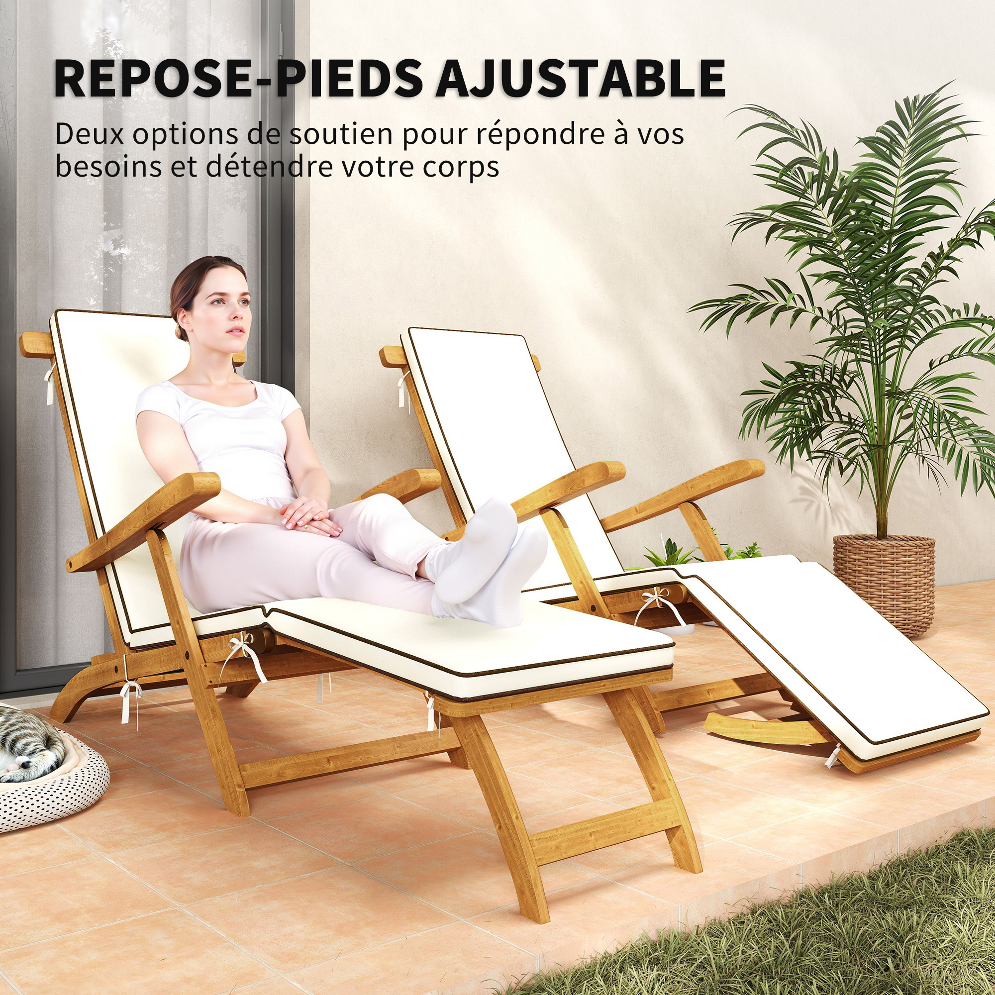 Chaise Longue Pliante Bois D'acacia Avec Coussin – Transat Jardin, Plage, Piscine – Charge 160 Kg, Repose-pieds Réglable – Blanc - 9
