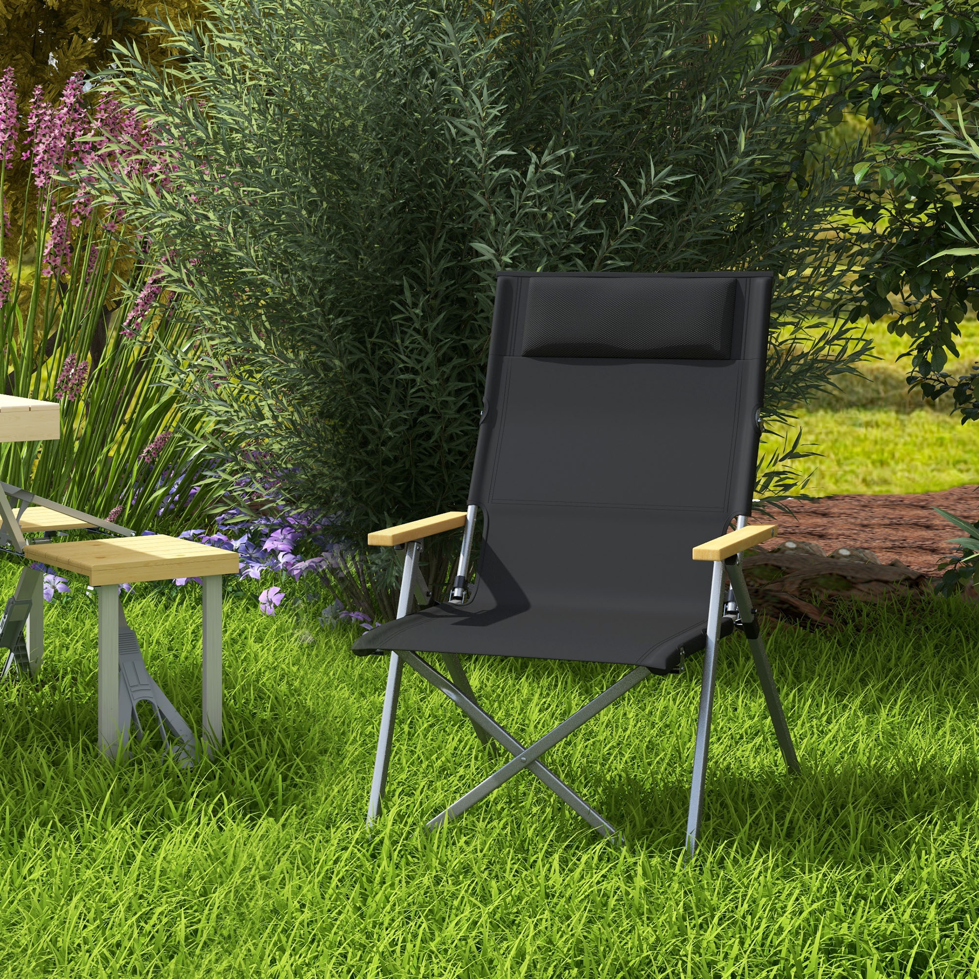 Chaise De Camping Pliante Outsunny - Chaise Pêche Avec Dossier Ajustable Et Appui-Tête, Portable Noir