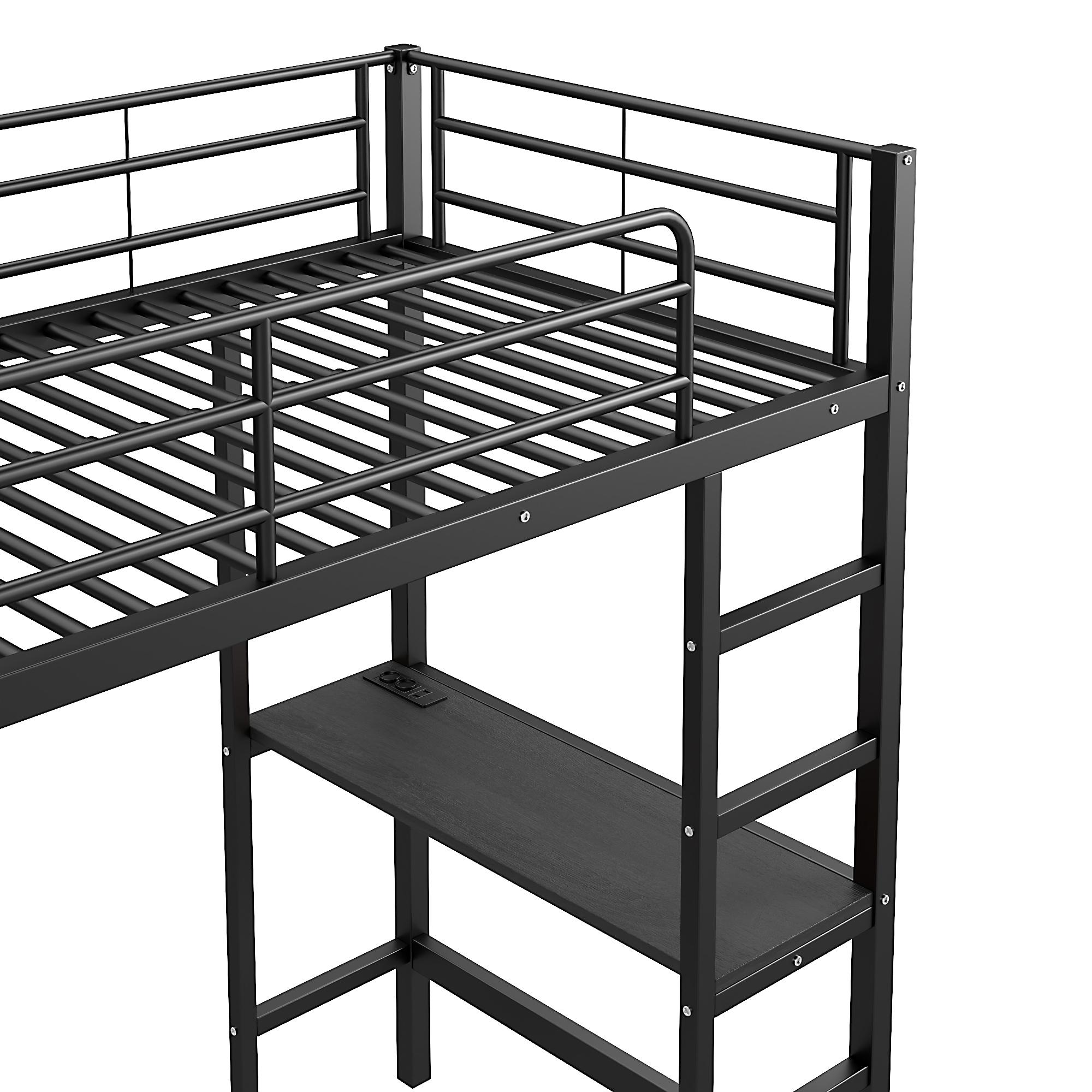 Letto A Soppalco 90 X 200 Cm Con Scrivania Angolare, 3 Cassetti E Ripiani Metallo Truciolare Nero E Noce Senza Materasso