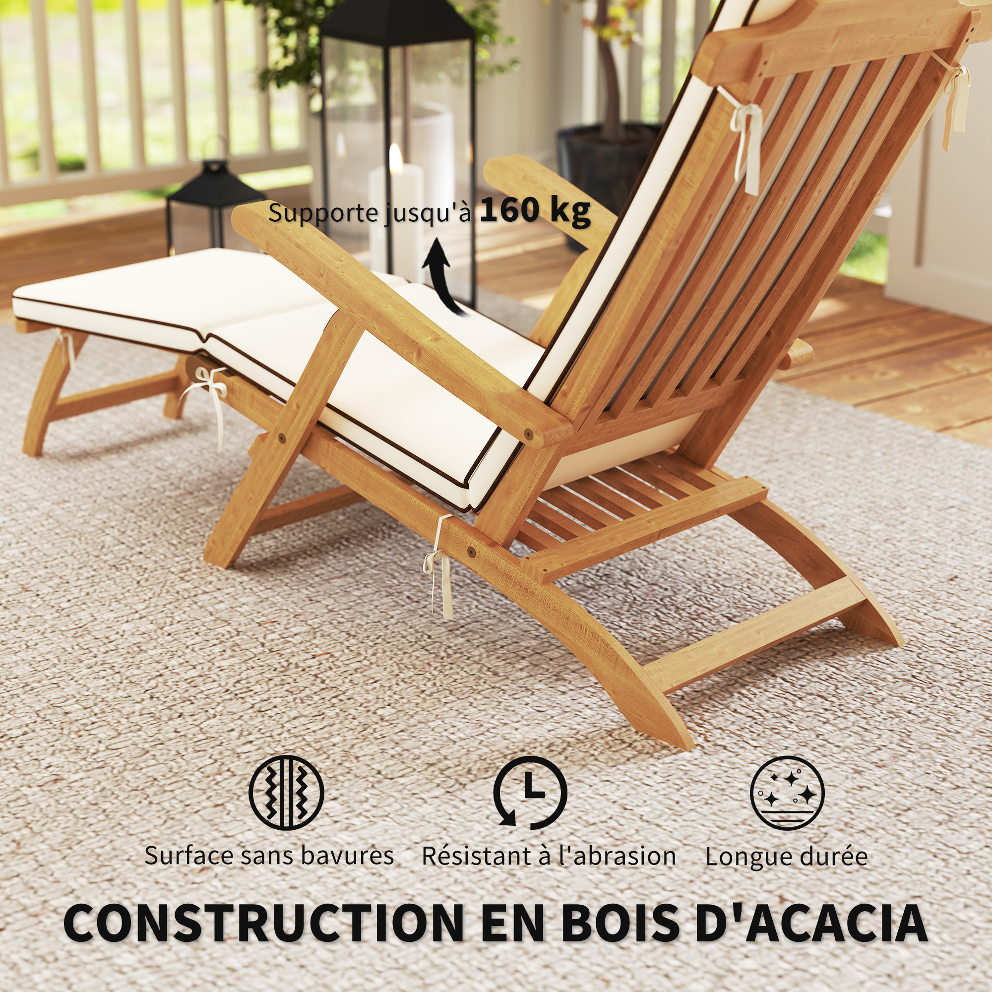Chaise Longue Pliante Bois D'acacia Avec Coussin – Transat Jardin, Plage, Piscine – Charge 160 Kg, Repose-pieds Réglable – Blanc - 8