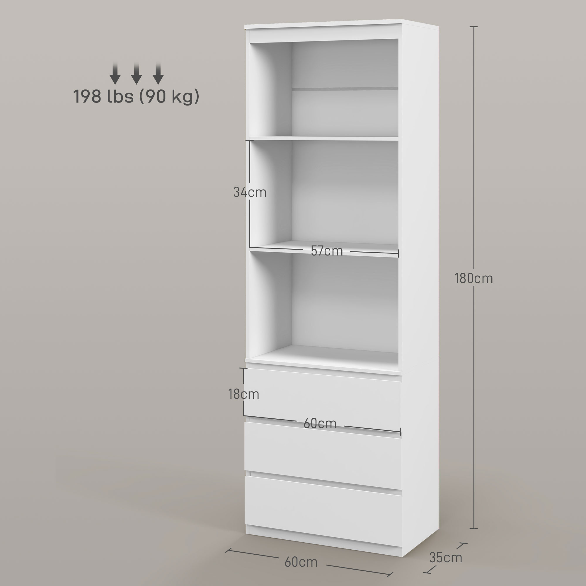 HOMCOM 180cm Tall Bookcase, with Shelves and Drawers White 3