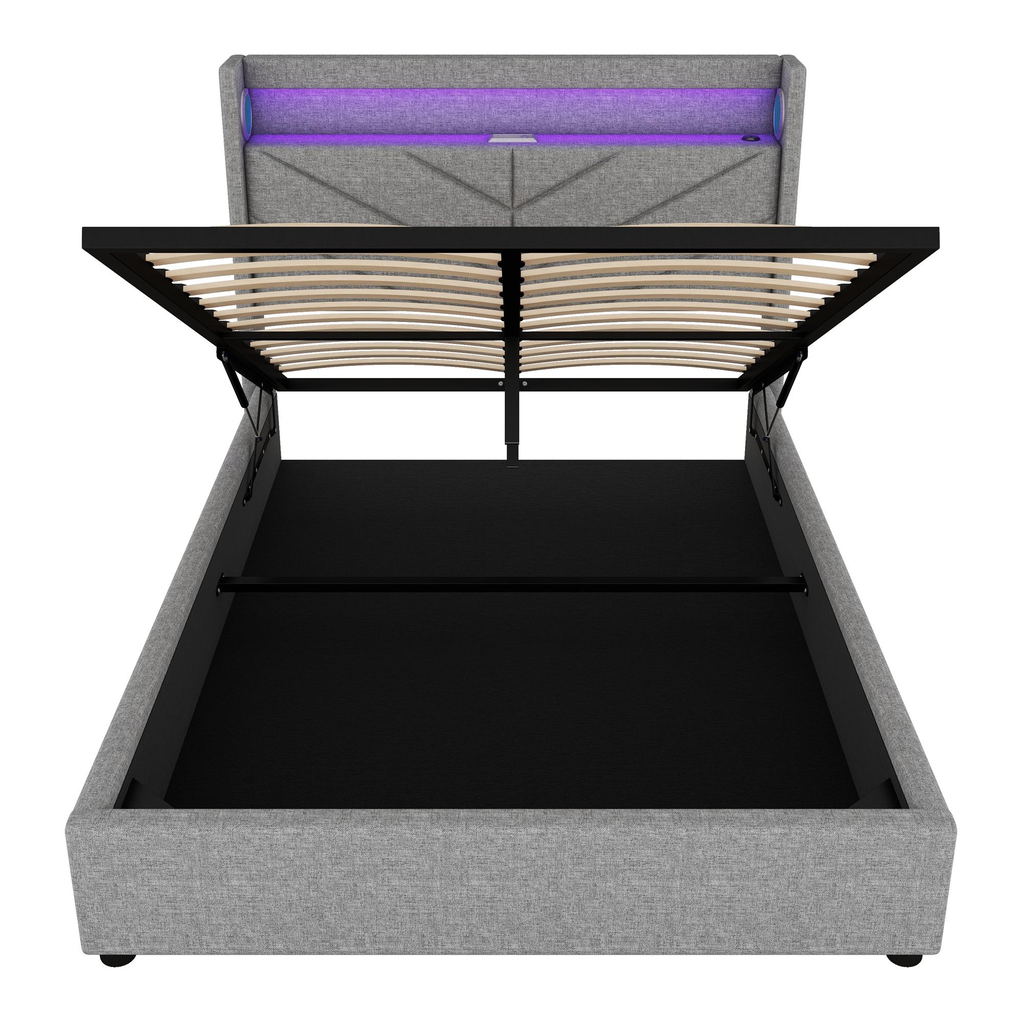 Letto Matrimoniale 140x190 Cm Con Contenitore, LED RGB, 3 Cassetti E Testiera Apribile - Velluto Beige, Con Rete A Doghe - 2