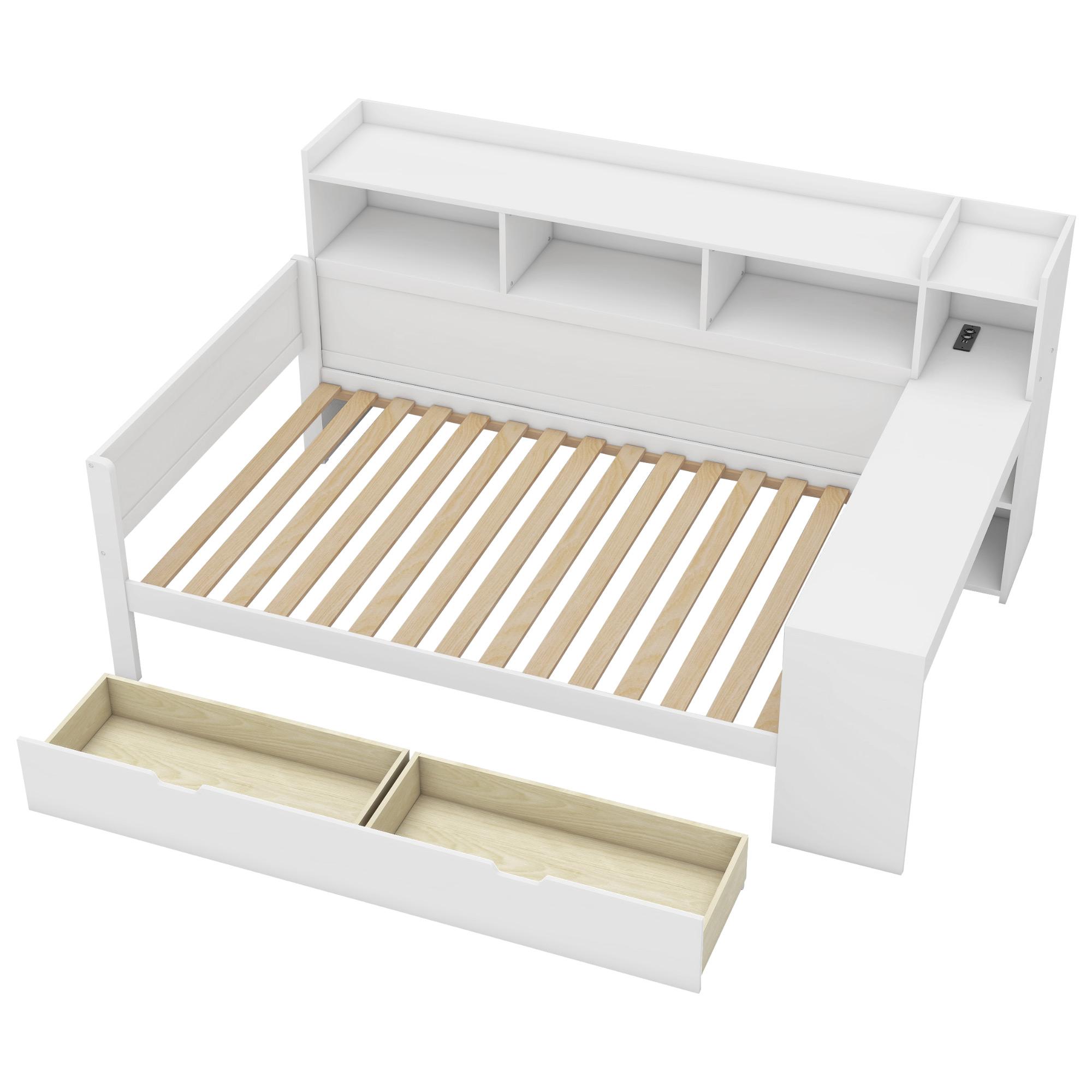 Lit de jour capitonné 90x200 avec ports USB et ceinture LED, bureau et 2 tiroirs, blanc | Leroy Merlin