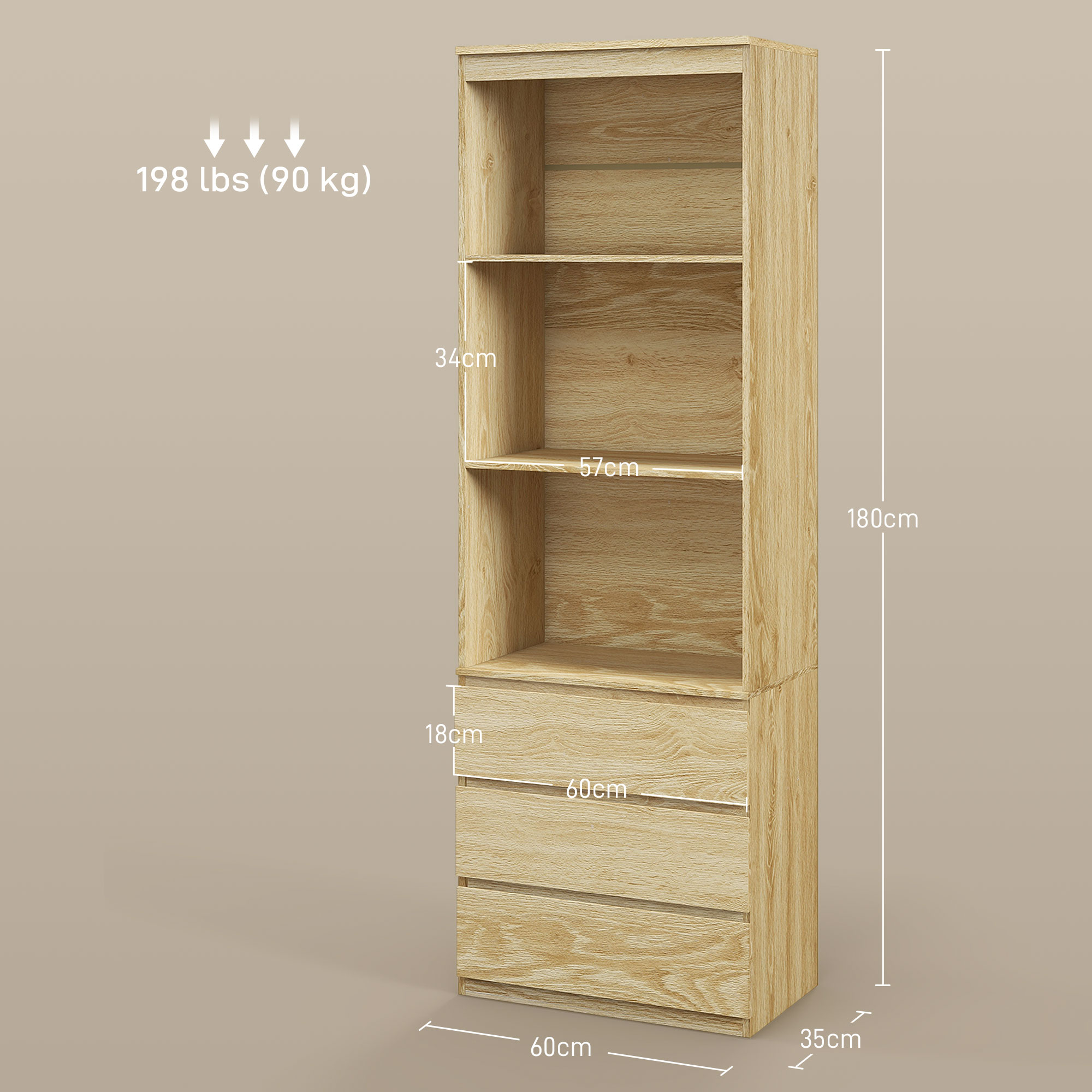 HOMCOM 180cm Tall Bookcase, with Shelves and Drawers Wood Effect 3