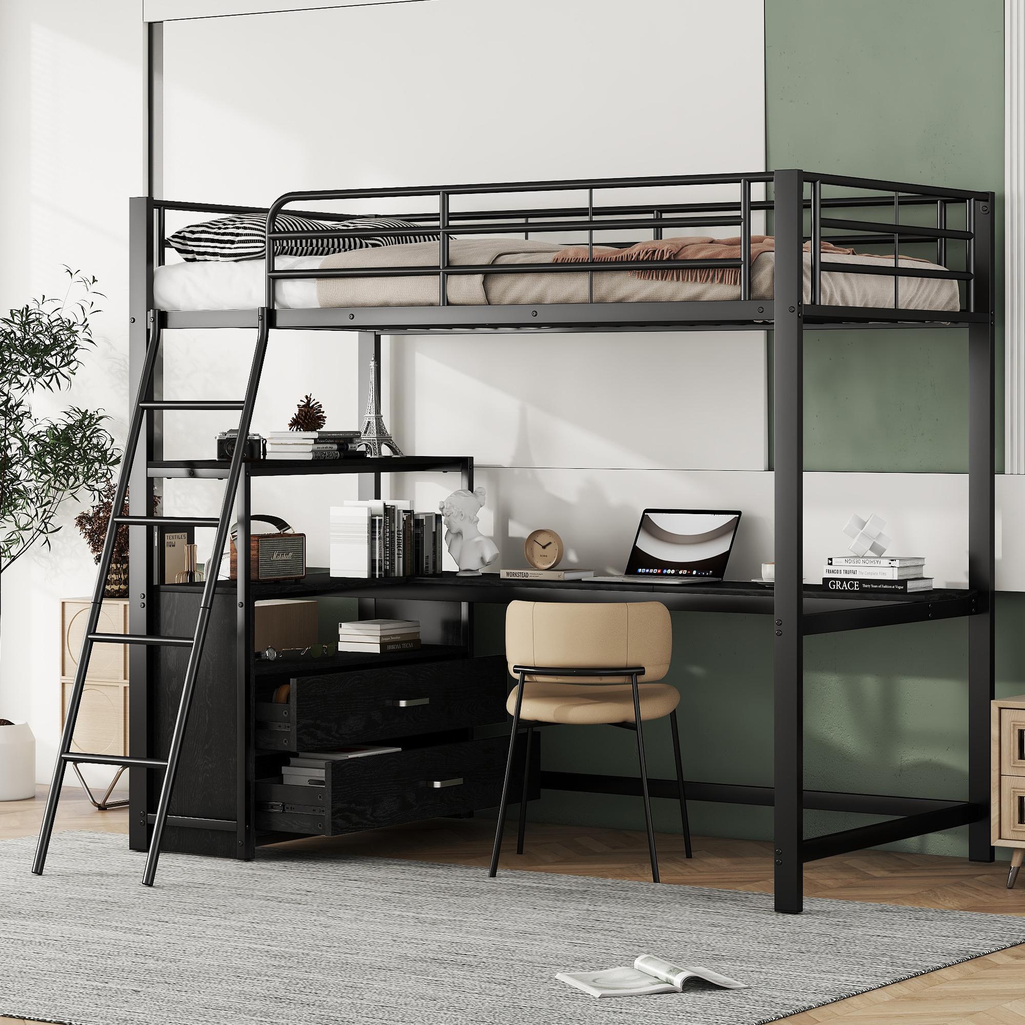 Lit Mezzanine Métal 90x200 Cm Avec Rangements - Escalier Intégré, Espace Sous Le Lit - Idéal Chambre Enfant, Ado Ou Petit Appartement