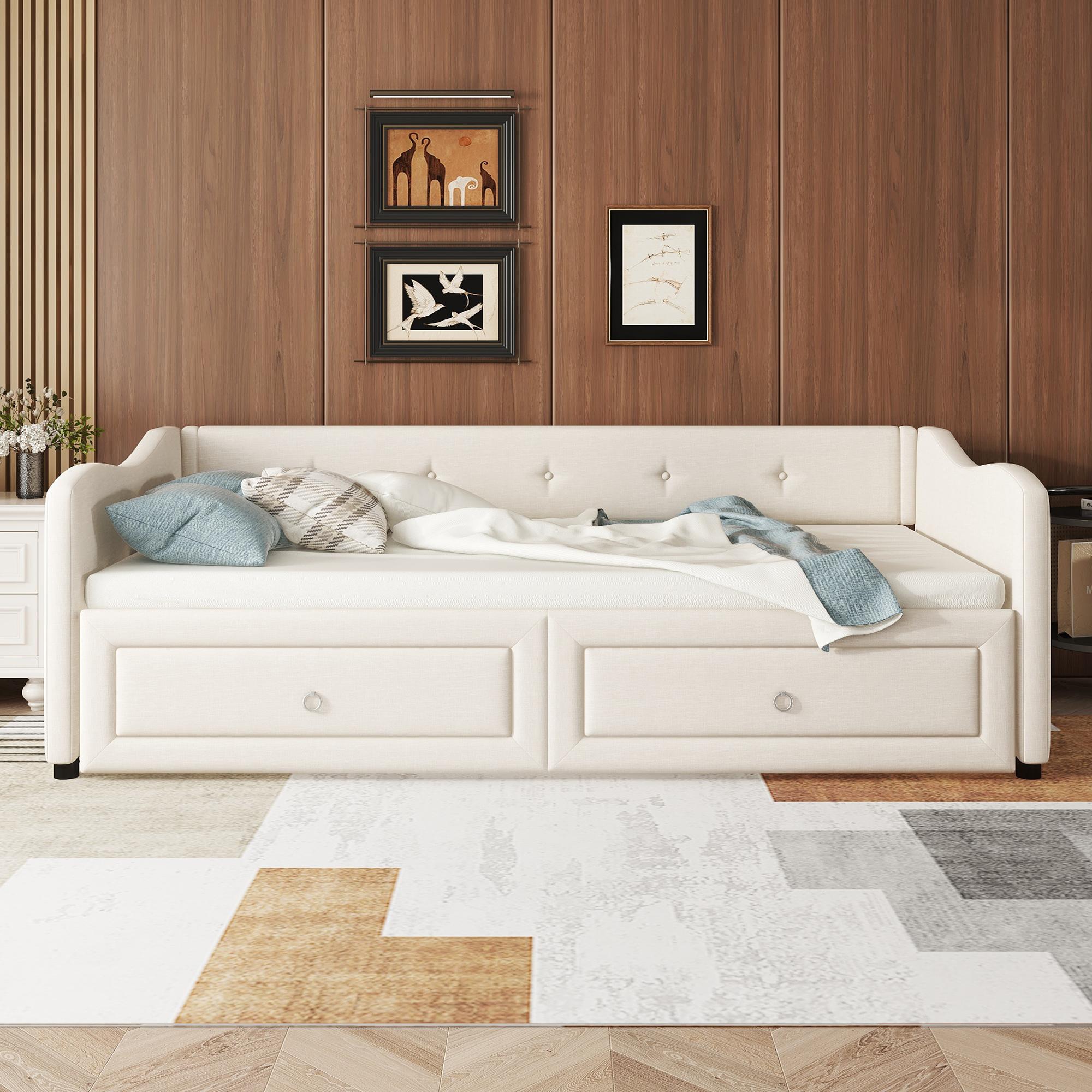 Daybed Divano Letto 90x200 Cm Con Cassetti Portaoggetti - Rivestito In Pelle, Beige