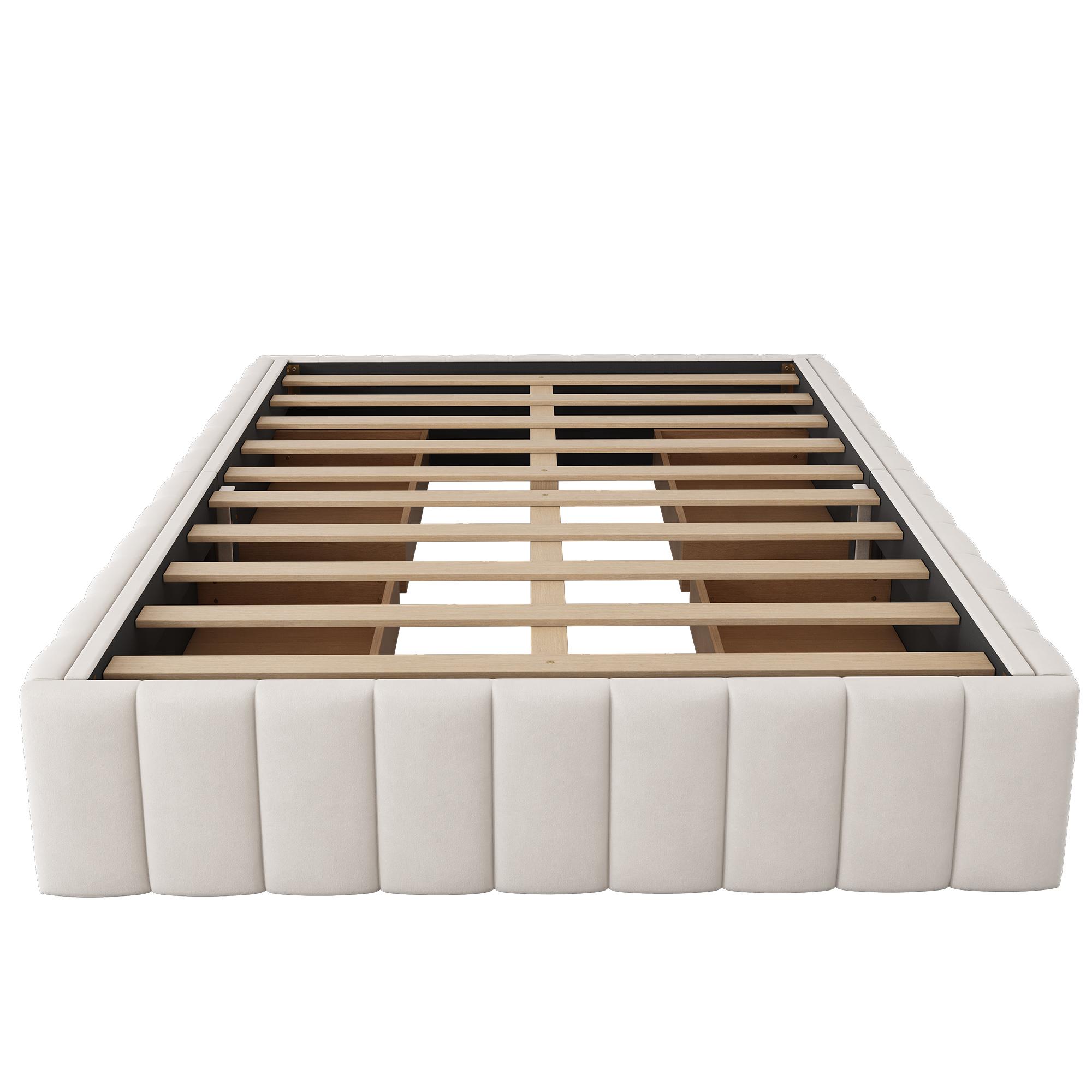 Lit rembourré 140x200 cm avec sommier à lattes, design minimaliste sans tête de lit, 4 tiroirs pour rangement, sans matelas, Beige Aosom France