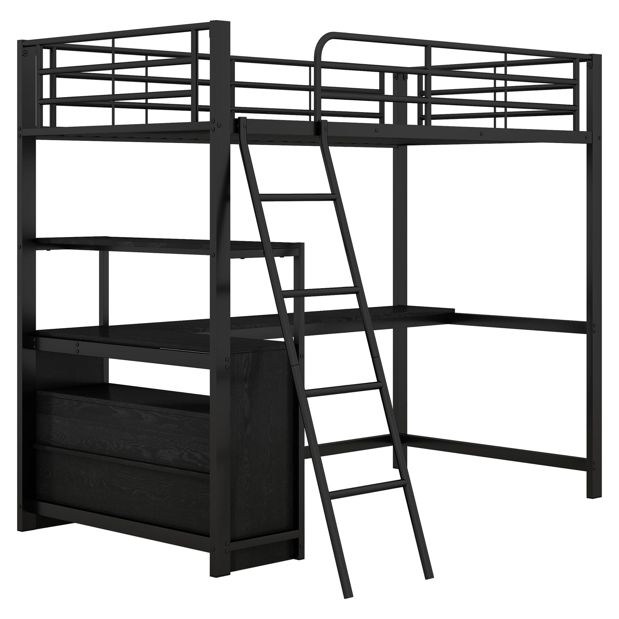 Lit Mezzanine Avec Rangement Et Escalier - Cadre Métal, 90x200 Cm, Noir (Matelas Non Inclus)
