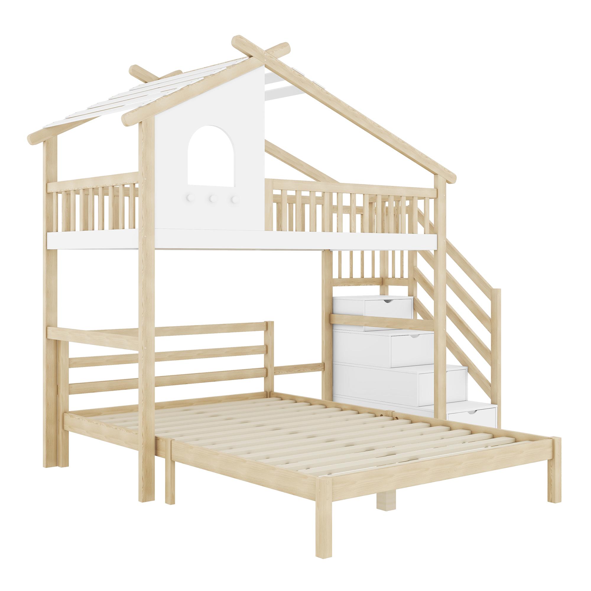 Letto A Soppalco 90x200 Cm Con Scivolo, Armadio Scala E Lavagna, Per 2 Bambini, In Legno Naturale Con Protezione Cadute
