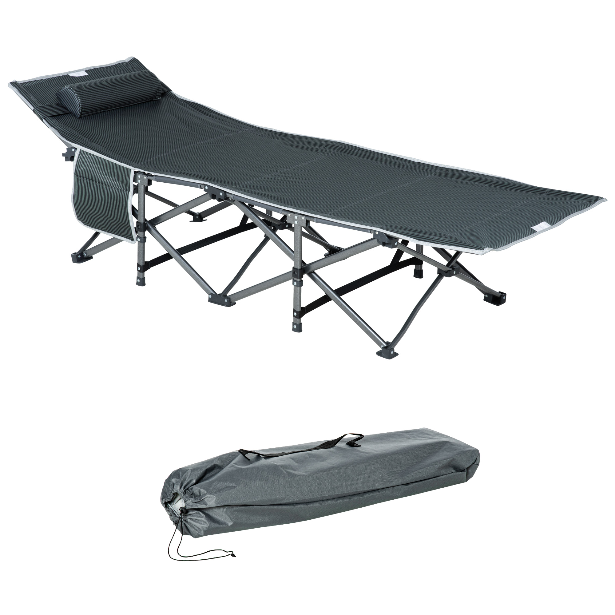 Outsunny Sonnenliege Klappbare Liege mit Kopfkissen Seitentasche integrierte Aufbewahrungstasche Metall und Oxford-Stoff 188 x 64,5 x 53 cm grau   Aosom – Outsunny