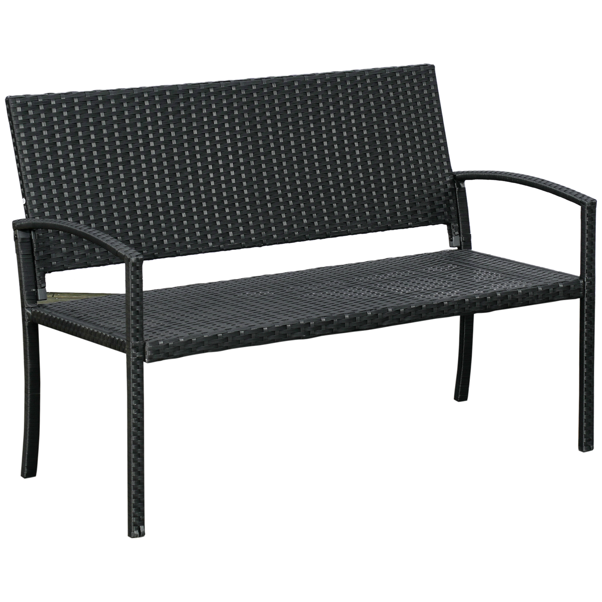 Outsunny Banco de Jardín de 2 Plazas Banco para Exterior con Respaldo y Asiento de Ratán PE Carga 240 kg 122x60x85 cm Negro | Aosom España