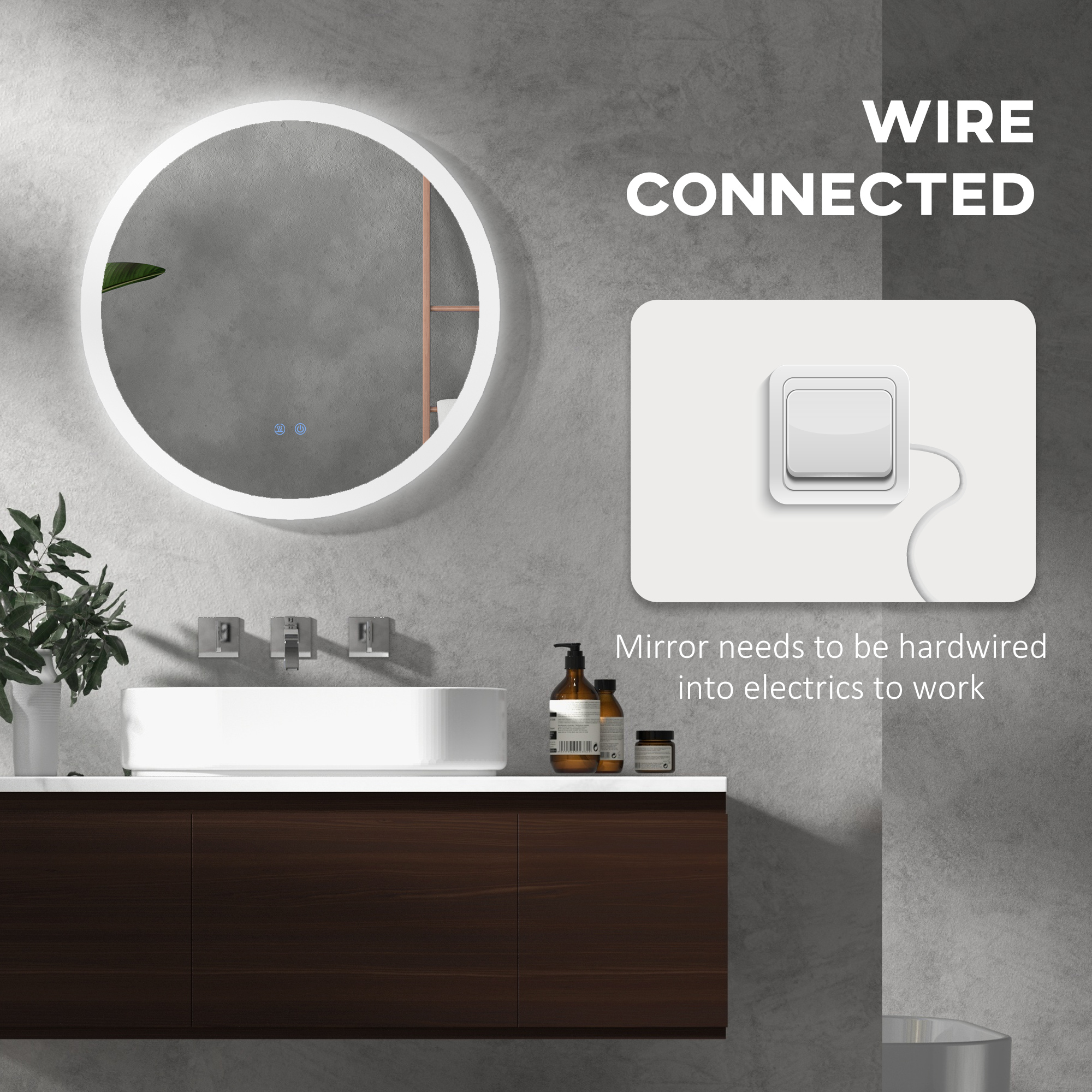 kleankin Round Bathroom Mirror with LED Lights, Wall-Mounted Dimmable Makeup Mirror with 3 Temperature Colours, Defogging Film, Memory Function, Hardwired, 60 x 60 cm 8