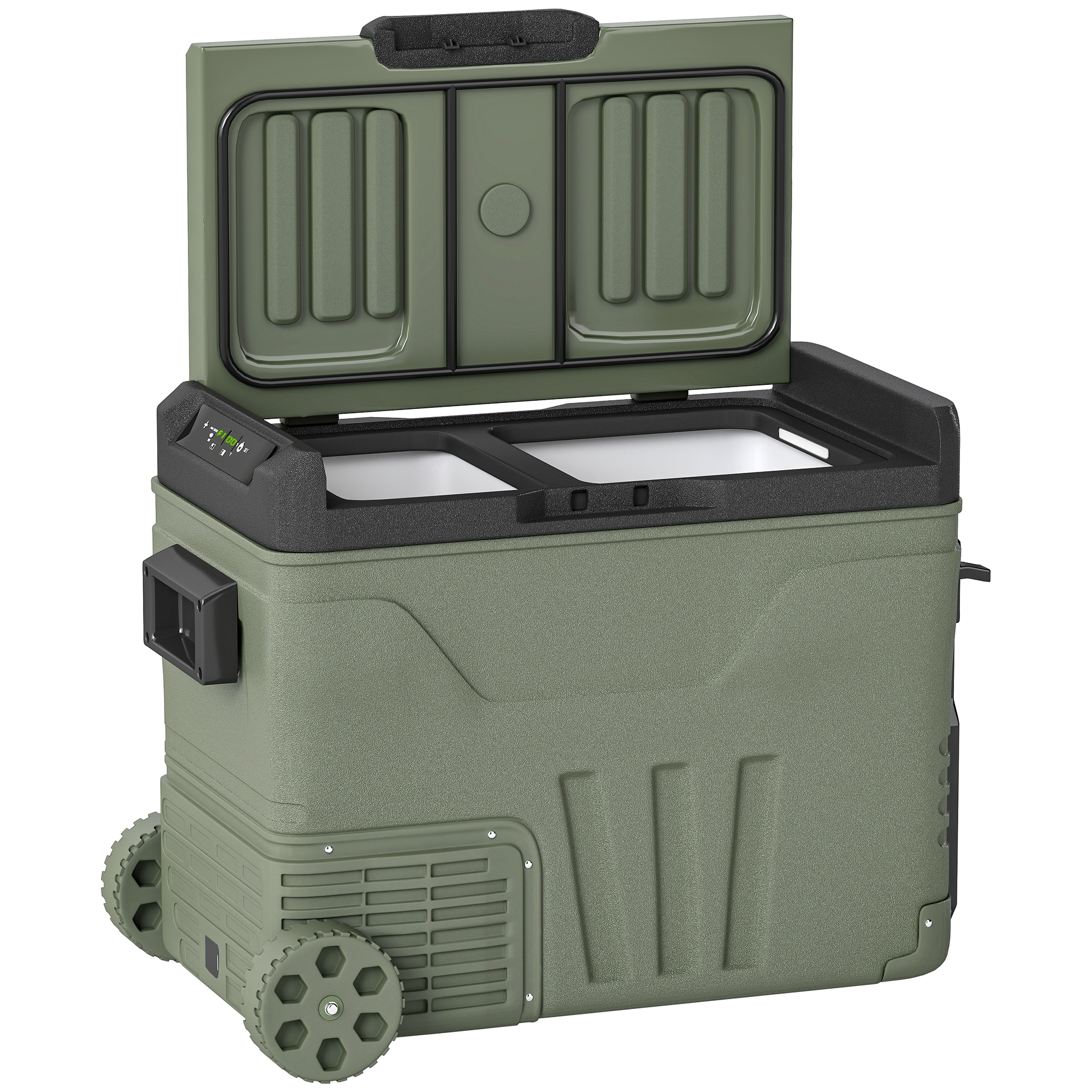 Outsunny 33L Camping Fridge Freezer Dual Zone, Portable Car Fridge 12V/24V DC & 100-240V AC, Electric Cool Box -20℃-20℃ with Wheels and LED Light, for Travel, RV, Road Trip, Picnic [Energy Class E]
