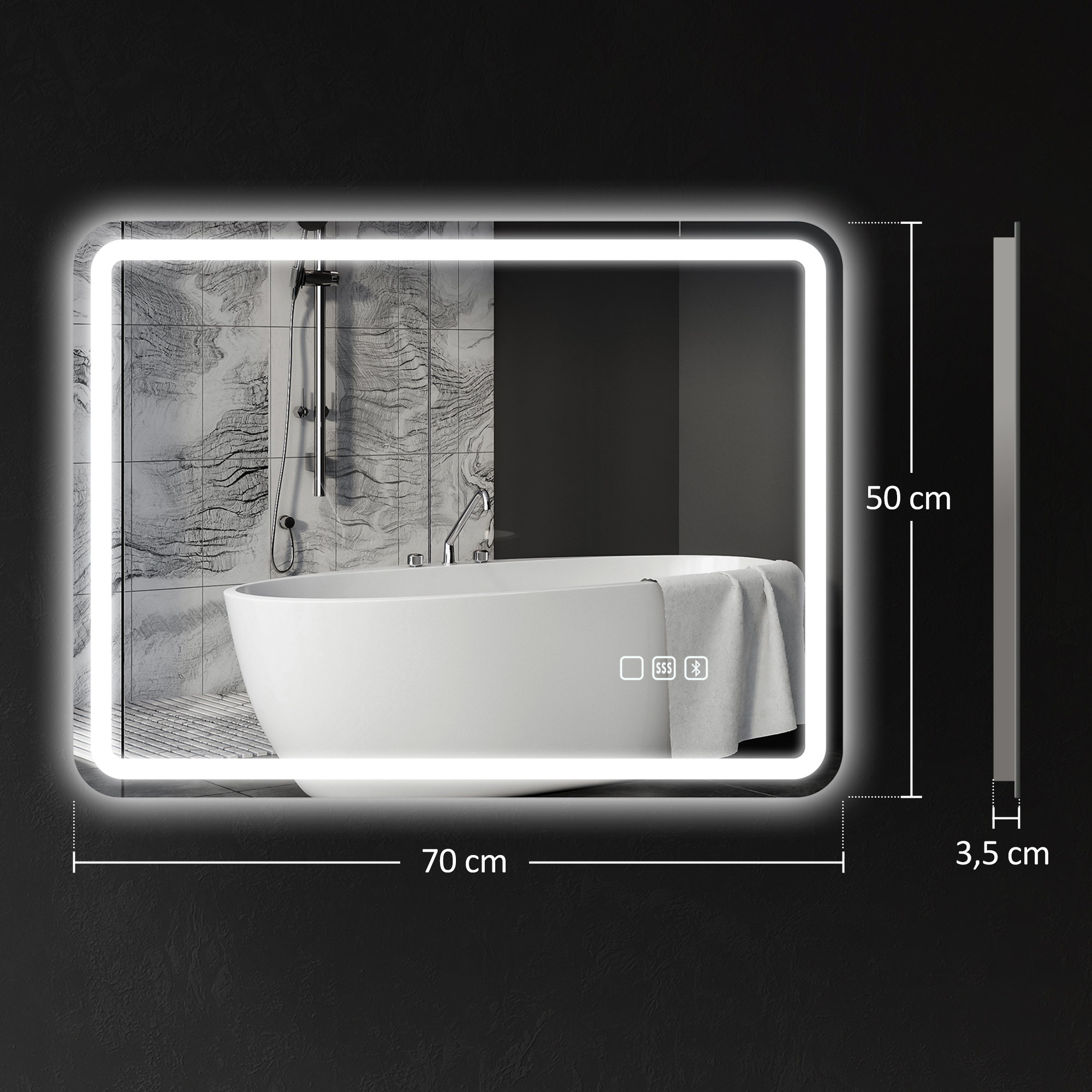 Miroir salle de bain - HOMCOM - LED - bluetooth - 70 x 90 cm - lumière réglable 3 couleurs, anti-buée, mémoire - argent - Maison